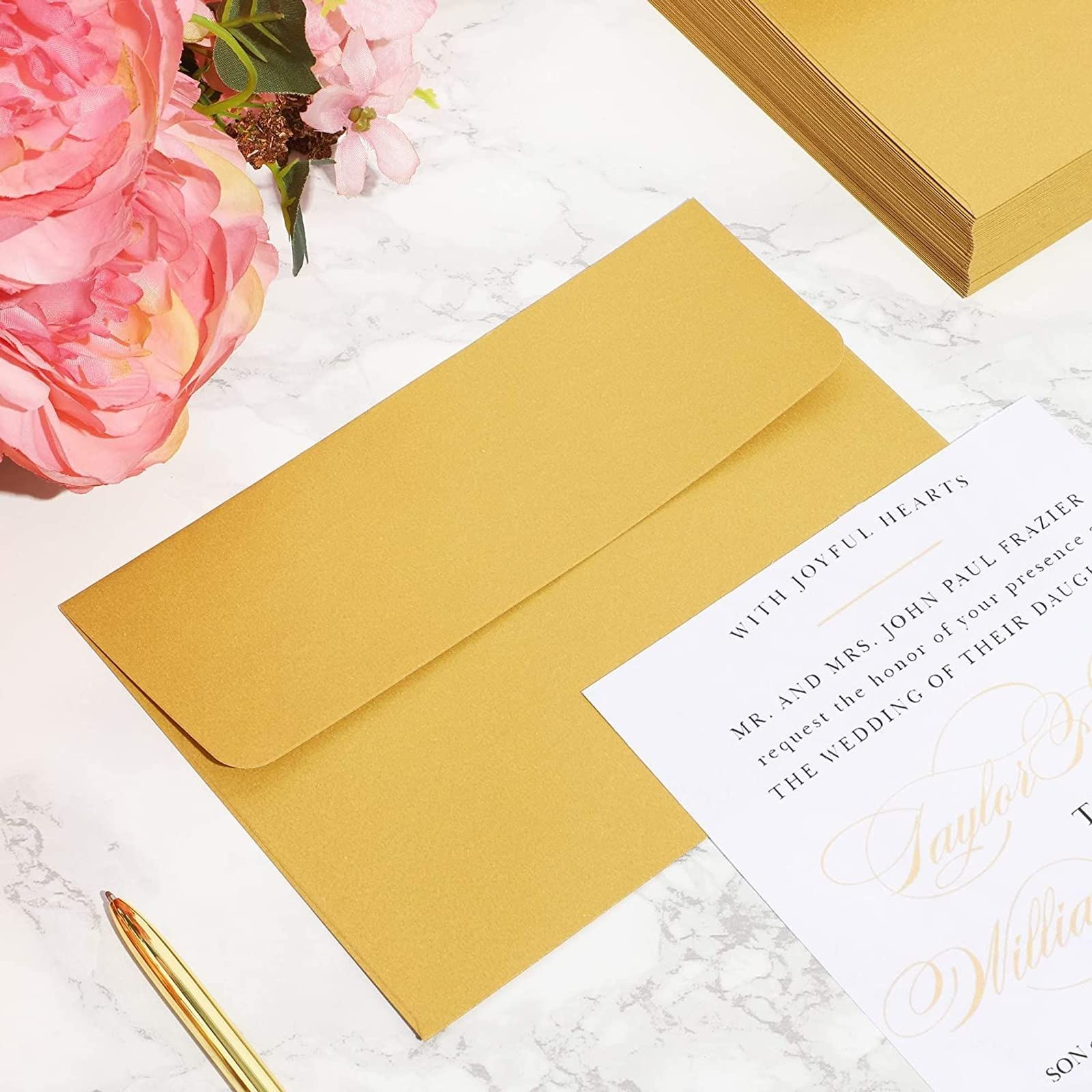 50 Pack A7 Metallic Gold Self-Sealing Envelopes for 5x7 Cards - Bulk Gold Envelopes for Wedding Invitations, Birthday Party, Greeting Cards & Thank You Notes | Perfect for DIY Crafts, Stationery & Special Occasions
