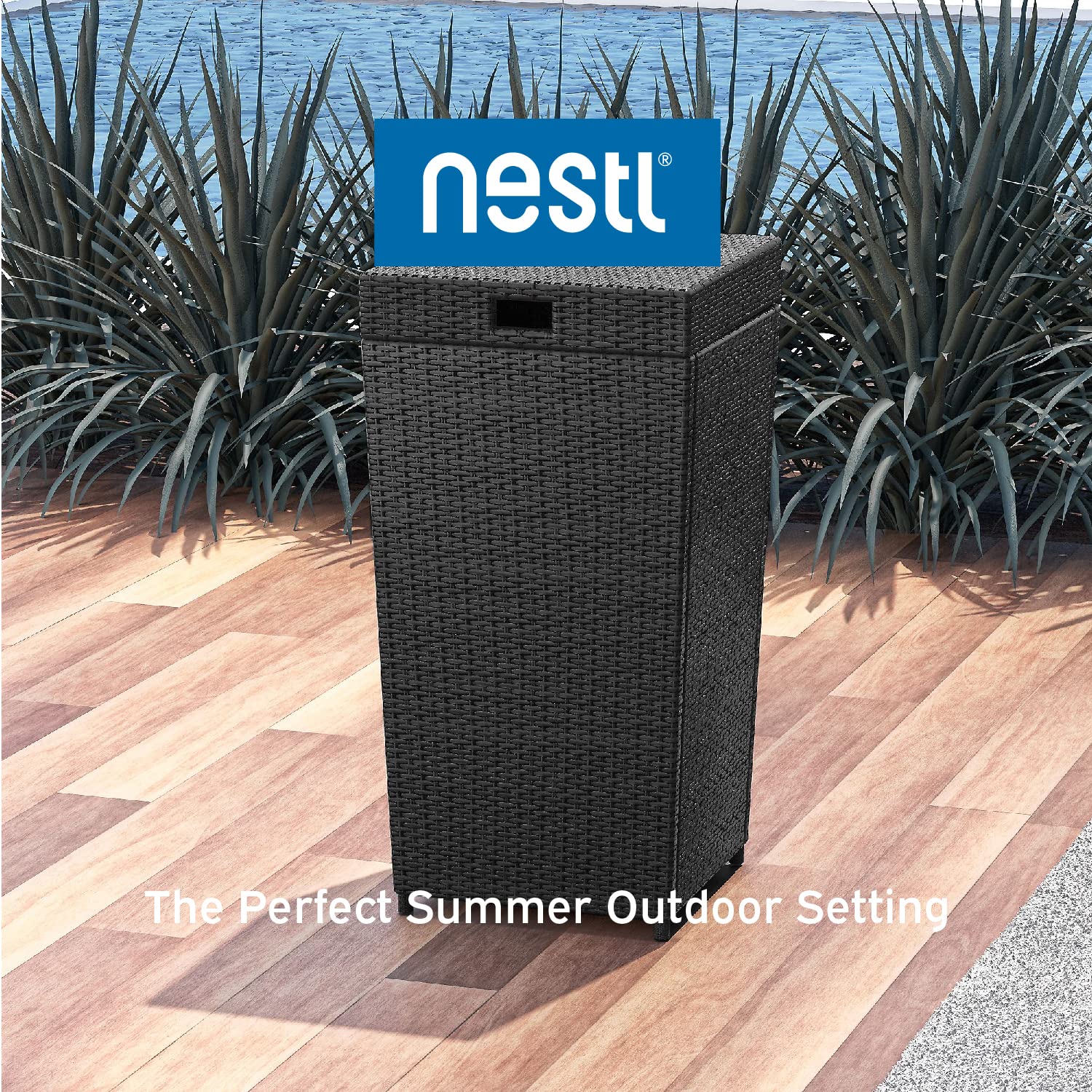 30 Gallon Outdoor Trash Can with Lid - Durable Wicker Garbage Bin for Patio, Yard & Garden - Black Weatherproof Waste Container for Home & Commercial Use