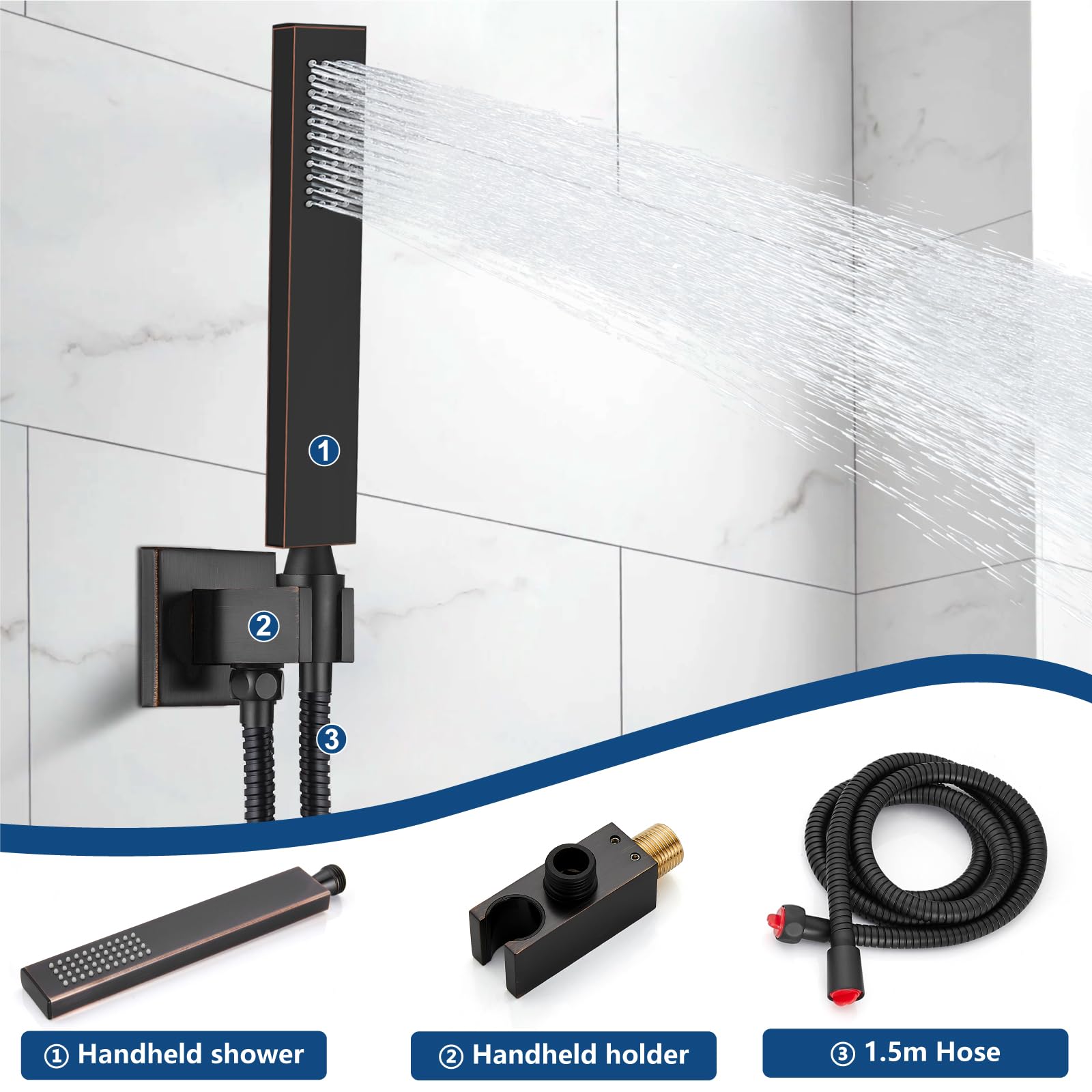 Midanya 12 Inch Oil Rubbed Bronze Rain Shower System - Square Rainfall Shower Head with Handheld Sprayer, Waterfall Tub Spout & Rough-in Valve Shower Mixer Combo for Bathroom & Tub | Luxurious Spa Experience at Home