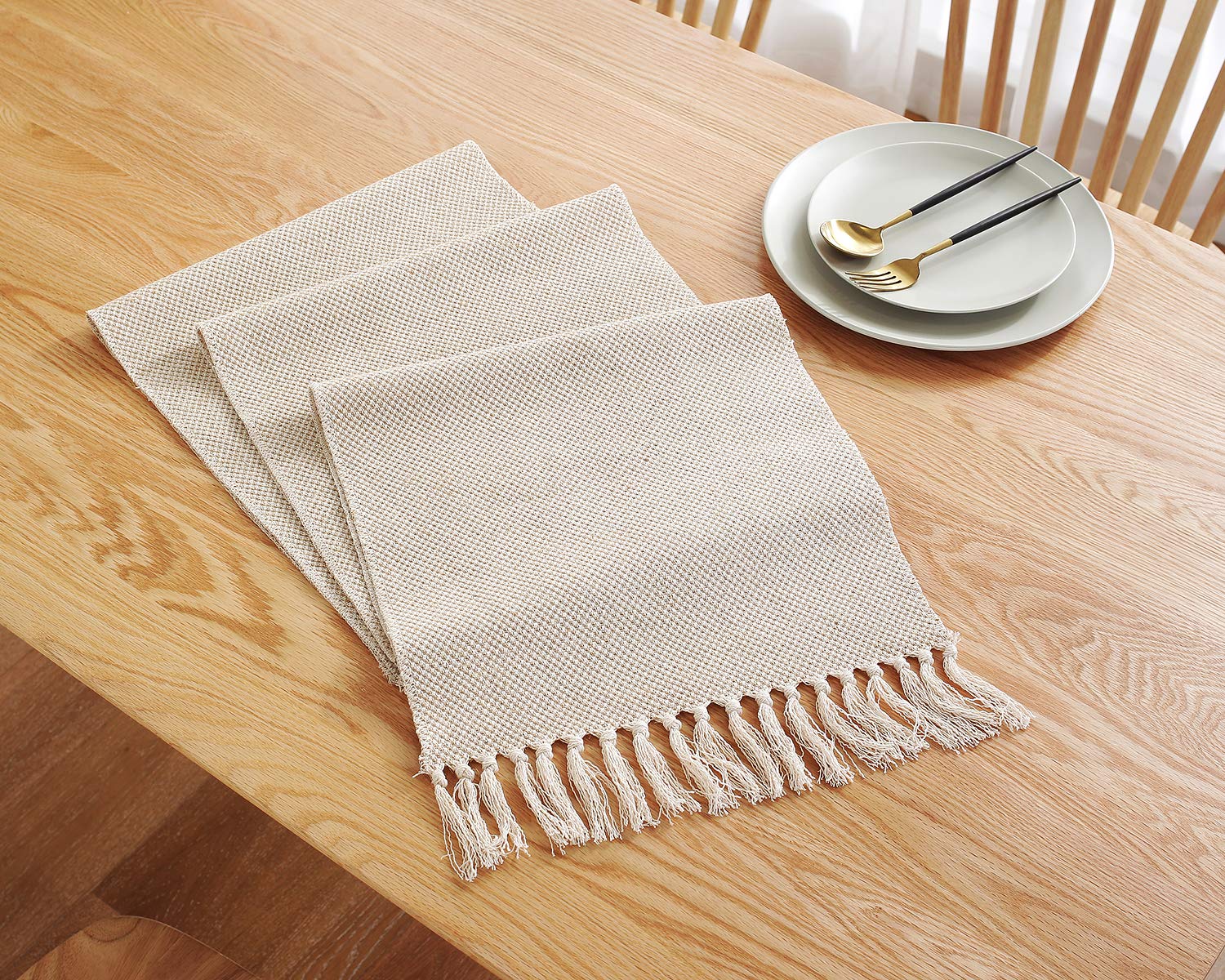 13 x 72 Inch Fall Farmhouse Cotton Linen Table Runner with Handcrafted Tassels - Rustic Jute Burlap Dining Table Decor for Thanksgiving, Christmas, Wedding & Home Decoration - Waffle Weave Design