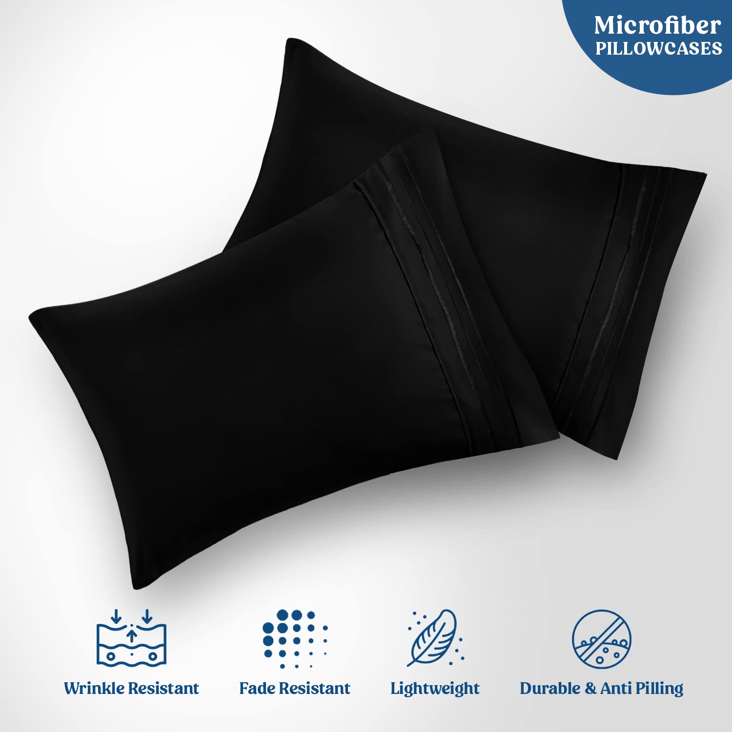 Hannah Premium King Size Pillowcases Set of 2 - Soft Brushed Microfiber Black Pillow Covers with Envelope Closure (20x40 Inches) - Breathable Bedding for Home, Hotel & Guest Room