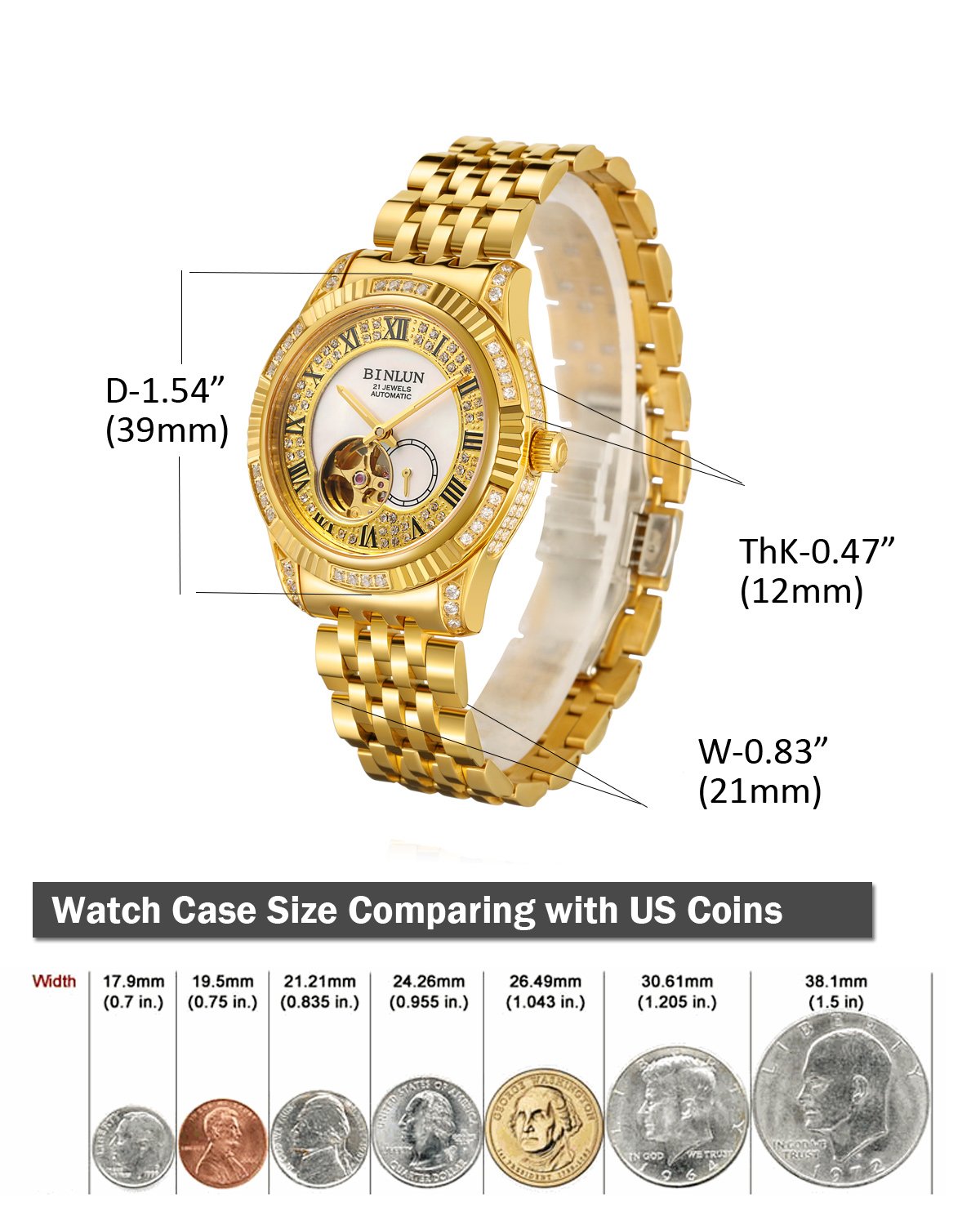 BINLUN Automatic Mechanical Men's Watch - 18K Gold-Plated Self-Winding Luxury Wristwatch for Men | Stylish Dress Watch for Business, Formal Events & Gifts
