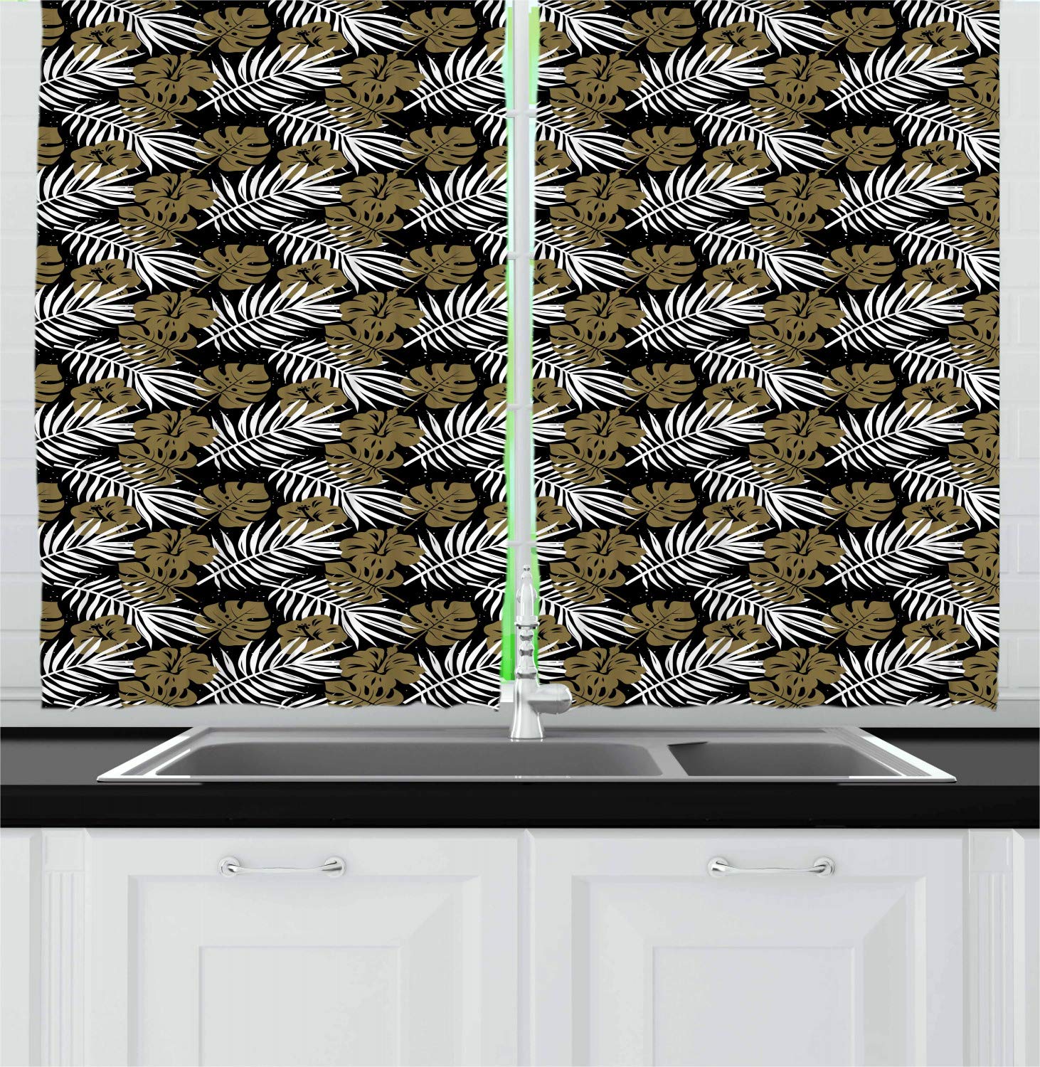Ambesonne Aloha Kitchen Curtains - Tropical Leaf & Polka Dot Design, 2 Panel Set 55