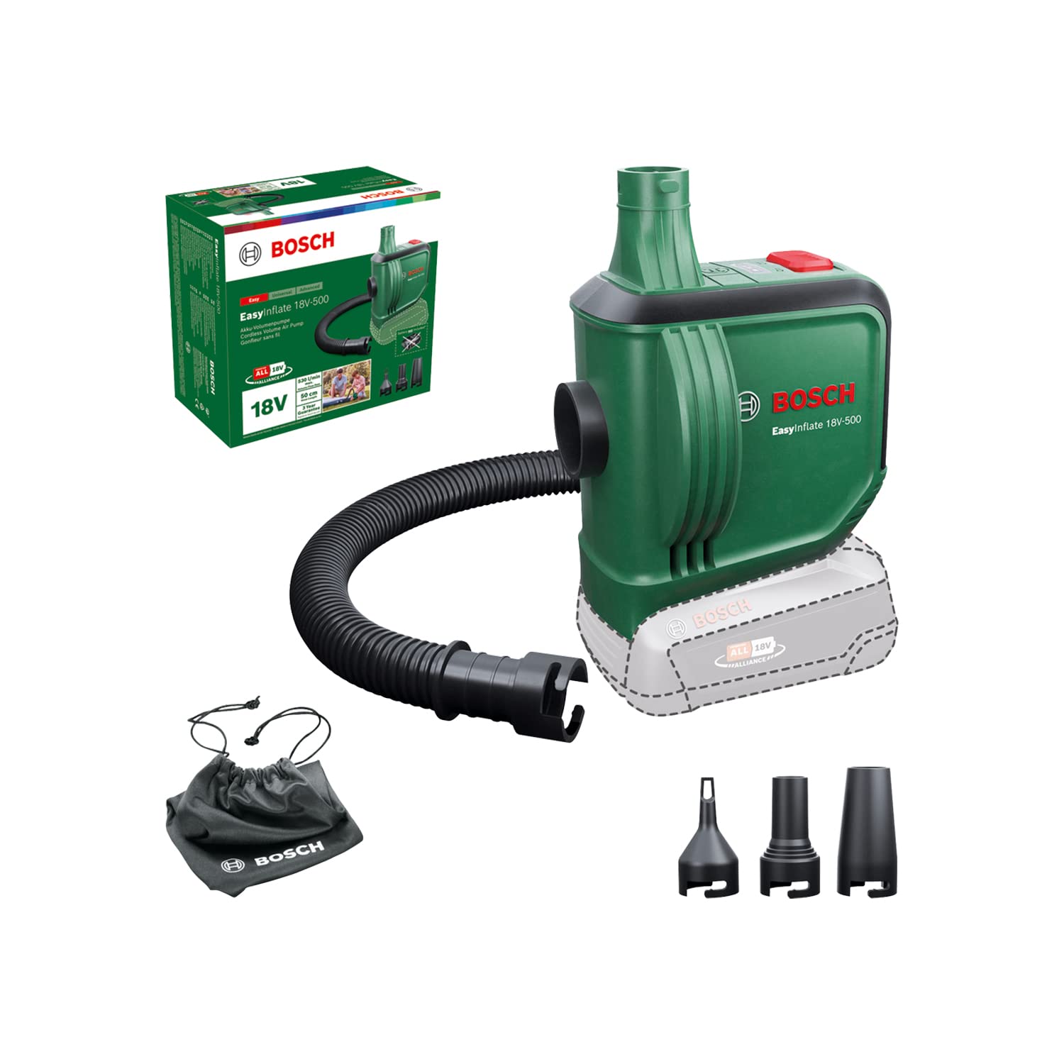 Bosch 18V Cordless Air Pump - EasyInflate 500 Battery Powered Inflator for Air Mattress, Pool Toys & Inflatables (Tool Only, No Battery) | Portable Pump for Camping, Travel & Home Use