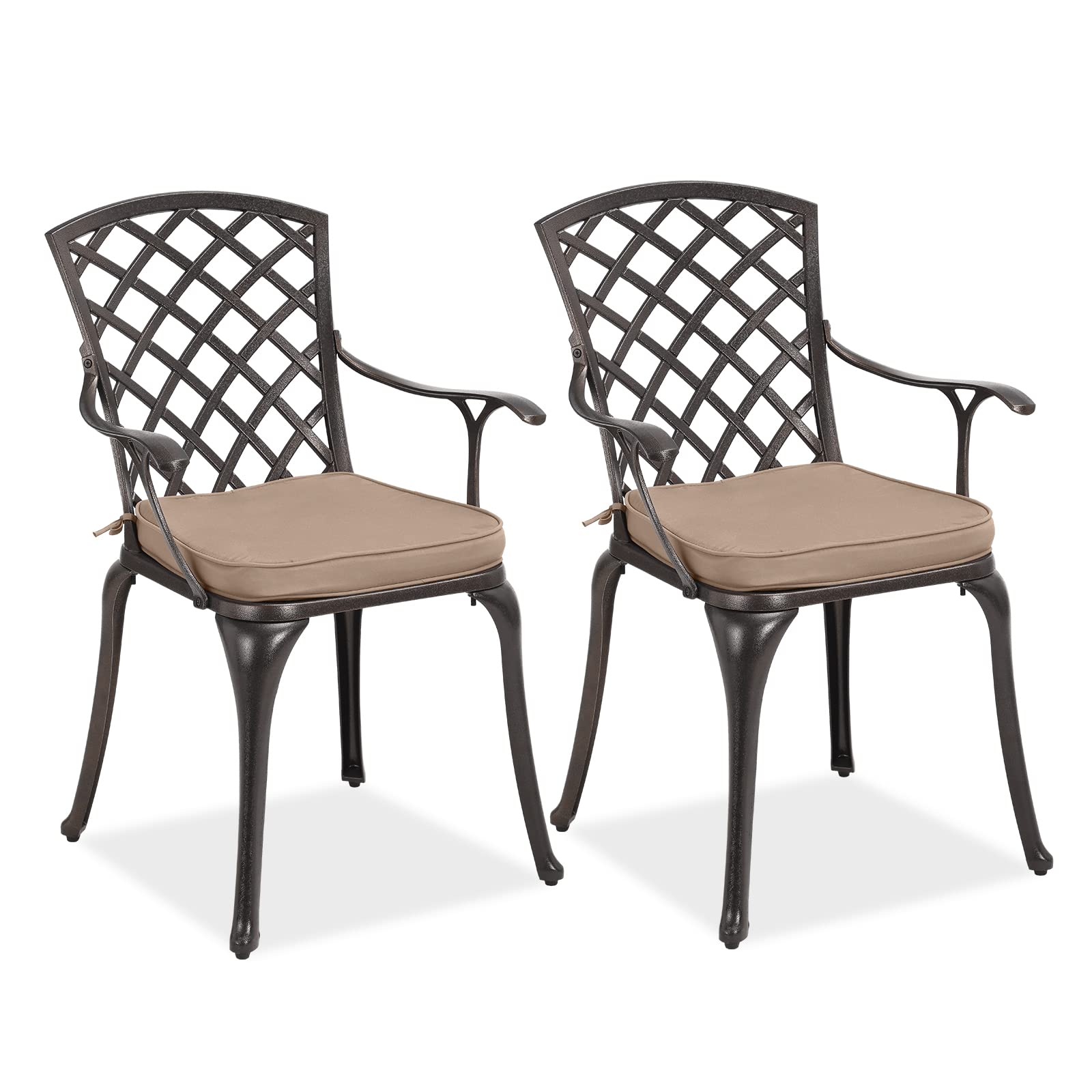 **TITIMO Outdoor Bistro Dining Chair Set of 2 - Cast Aluminum Patio Chairs with Lattice-Weave Design & Khaki Cushions - Perfect for Garden, Deck, Balcony, and Backyard Dining**