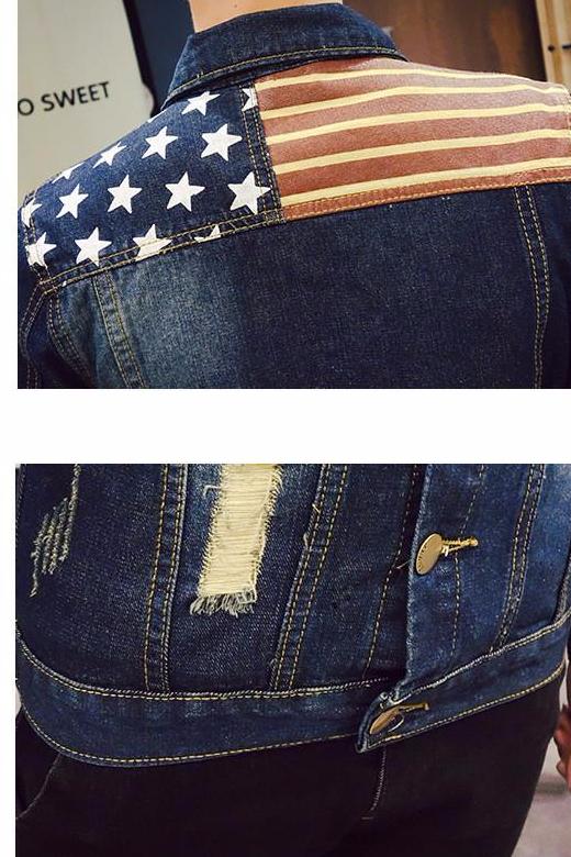 American Flag Printed Slim Fit Denim Jacket for Men - Stylish Vintage Denim Jacket with USA Flag Design - Perfect for Casual Outfits, 4th of July Celebrations & Patriotic Events