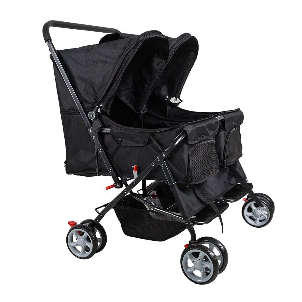 Double Pet Stroller for 2 Dogs & Cats - Foldable Two-Seater Carrier Cart with Multiple Colors (Black) | Perfect for Park Walks, Vet Visits & Outdoor Adventures