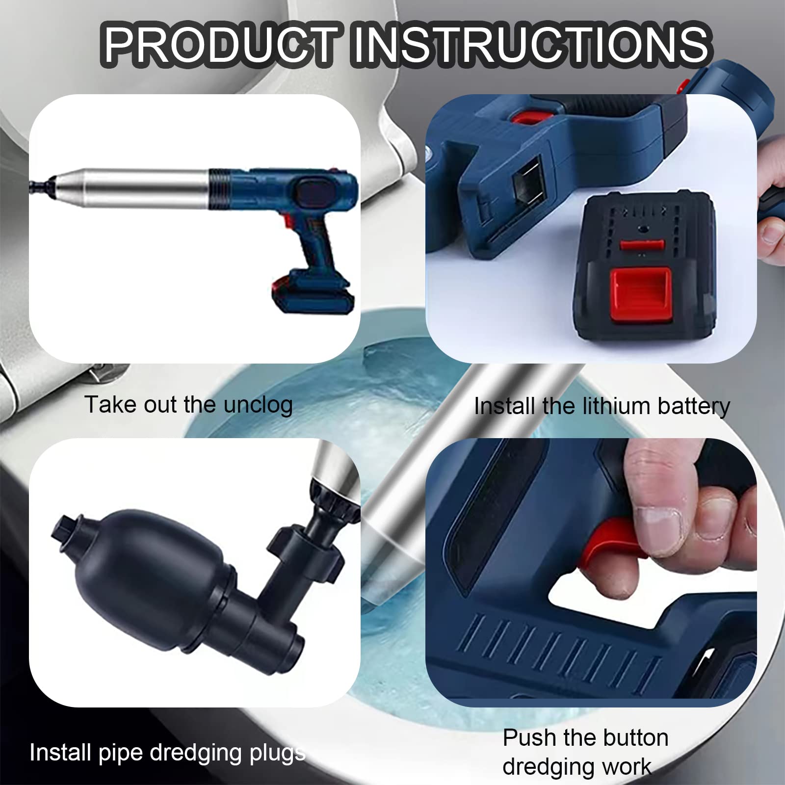 SRHIMEOS Electric Toilet Plunger - High Pressure Air Drain Clog Remover for Toilets, Sinks, Kitchen & Floor Drains - Effectively Eliminates Blockages & Grease - Perfect for Home, RV & Commercial Use
