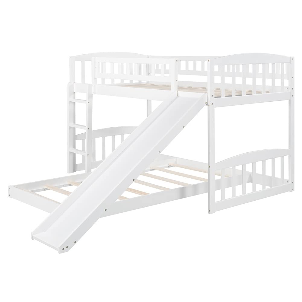 Twin Over Twin Bunk Bed with Slide & Ladder - Sturdy Wooden Bunk Bed Frame with Safety Guard Rails for Kids - Perfect for Bedroom, Apartment, Dorm Room (White) - Space-Saving Solution for Siblings Sharing a Room