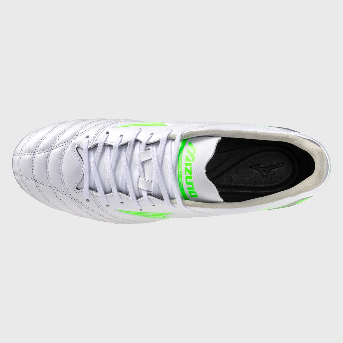 Mizuno Morelia Neo IV Pro Mix Rugby Boots - White/Neon Green - High-Performance Rugby Cleats for Competitive Play on Natural Grass Fields