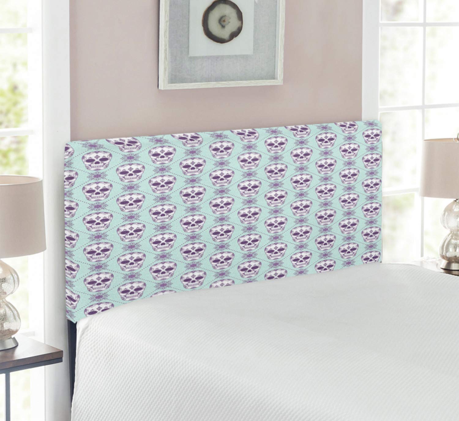 Ambesonne Twin Size Upholstered Metal Bed Headboard - Sugar Skull & Floral Damask Design with Memory Foam in Pale Blue, Purple & White | Gothic Bohemian Bedroom Decor for Teens & Adults