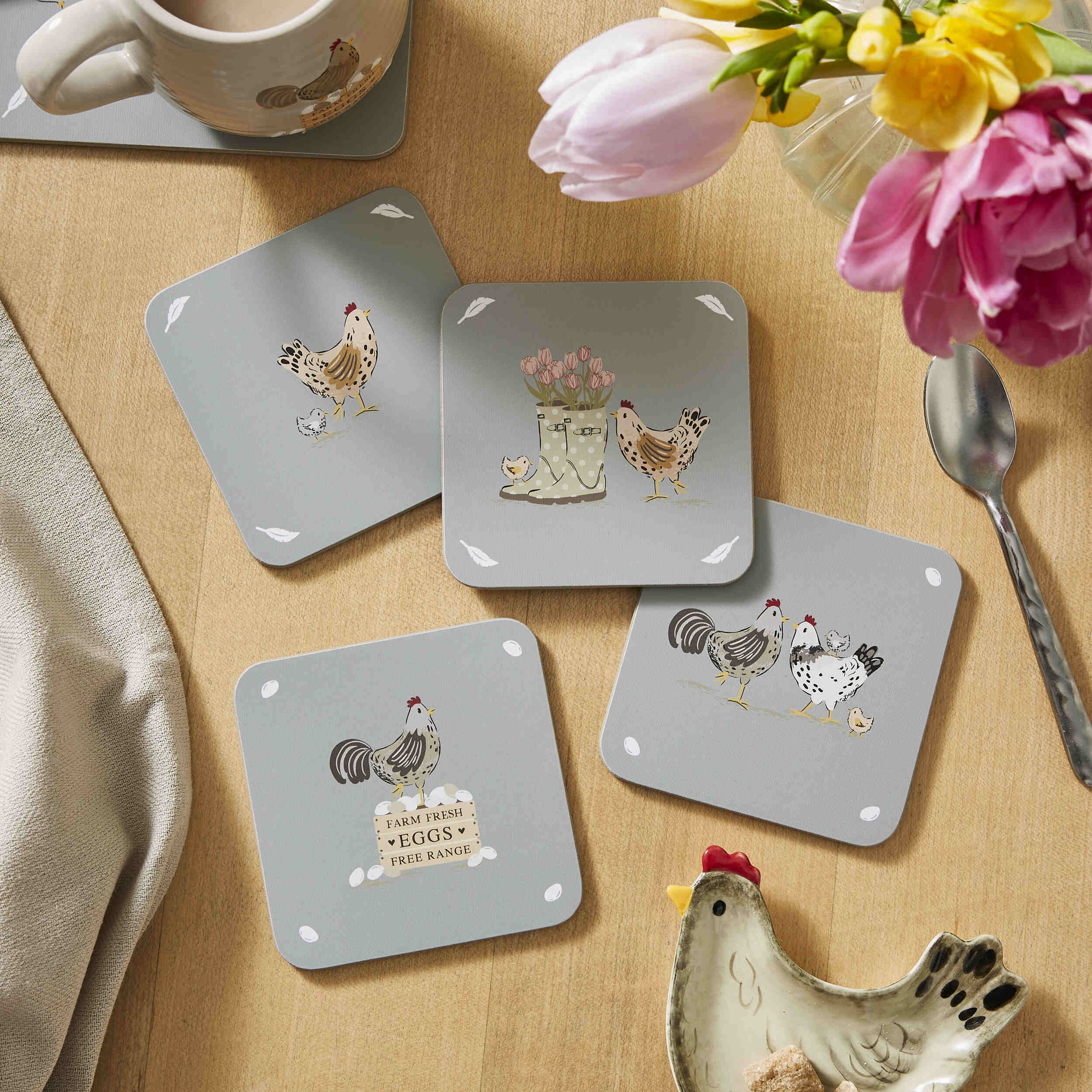 Hen House Lane Set of 4 Absorbent Cork Coasters - Perfect for Coffee Tables, Dining Tables & Home Decor, Protects Furniture from Stains & Water Rings