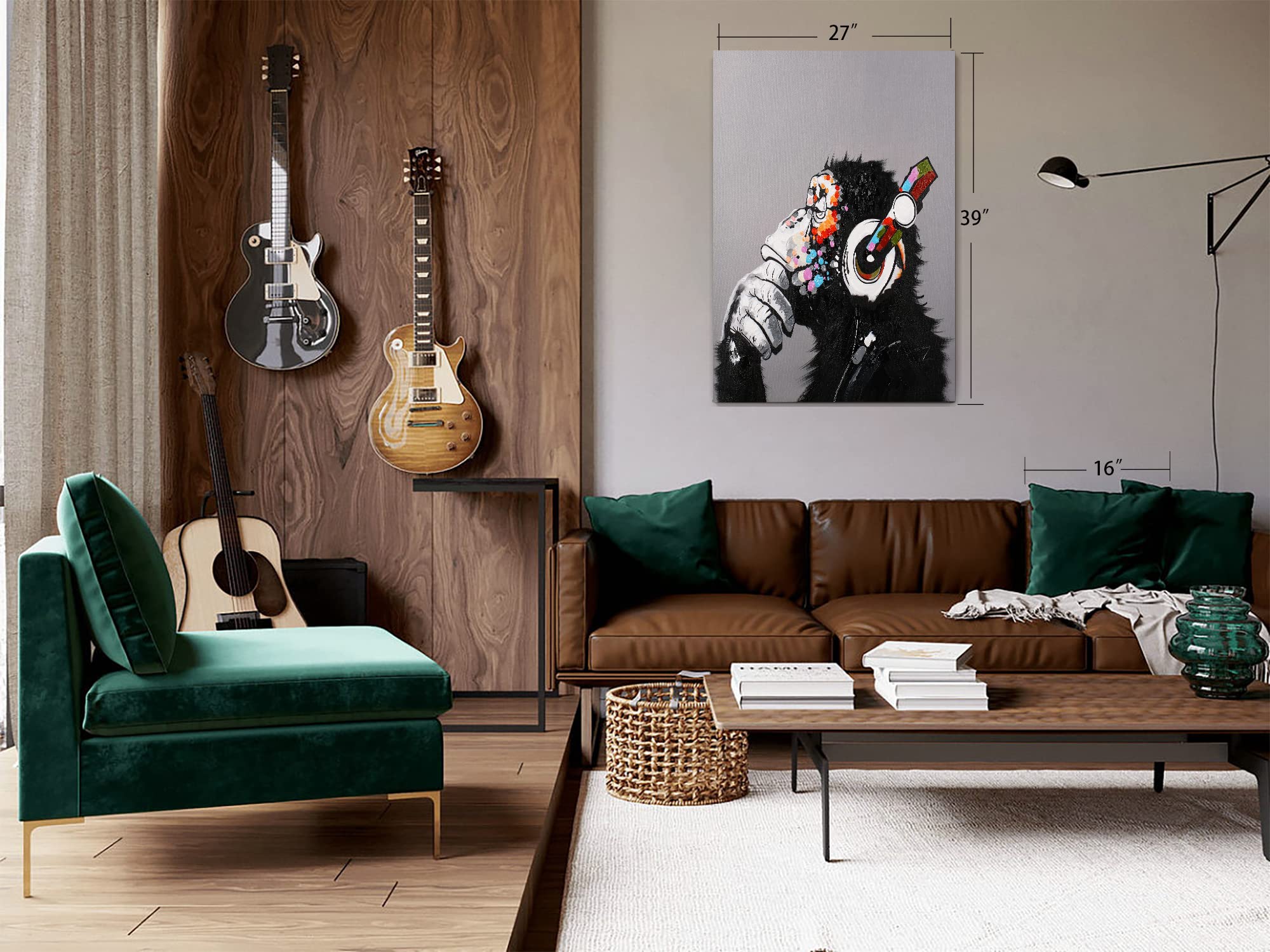 Modern Pop Art Framed Canvas Print - Thinking Monkey with Headphones Wall Art for Home & Office Decor, 14x18 Inches - Perfect for Living Room, Bedroom or Creative Workspace