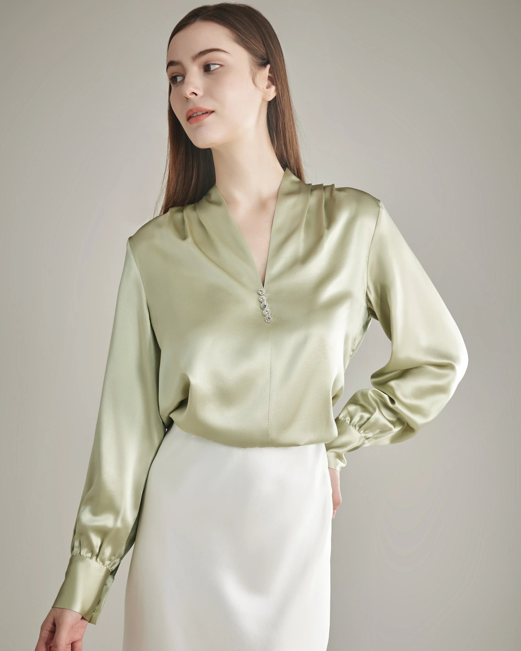 Elegant Women's Rhinestone Buttons Silk Blouse - Formal & Party Wear for Office, Dinner & Special Occasions