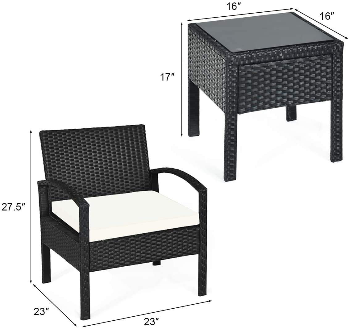 3-Piece Outdoor Patio Furniture Set - Rattan Wicker Conversation Chairs with Beige Cushions & Tempered Glass Coffee Table - Perfect for Backyard, Porch, Poolside, Garden, and Lawn Relaxation