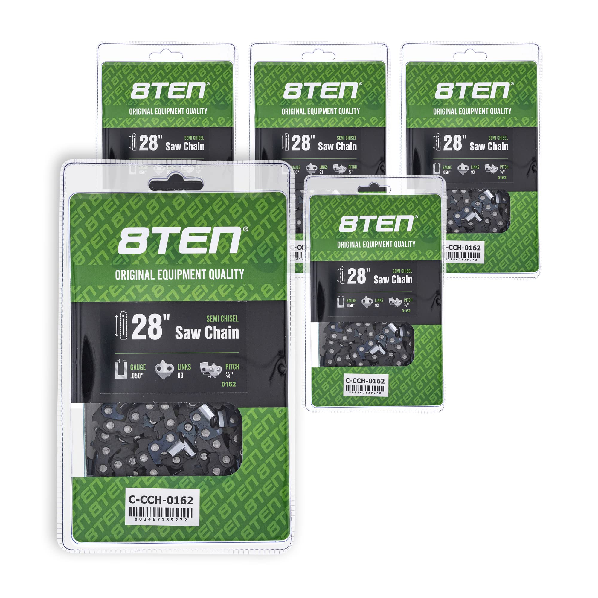 8TEN Semi Chisel Chainsaw Chain 28 Inch .050 Gauge 3/8 Pitch 93DL - Compatible with Echo CS-600P, Husqvarna 372XP, Jonsered 2065 (5 Pack) - Ideal for Professional Logging, Tree Felling & Firewood Cutting