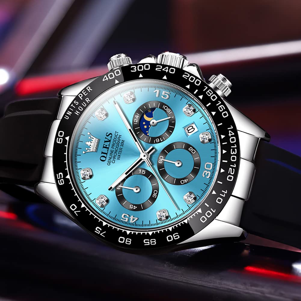 OLEVS Men's Luxury Sports Watch - Silicone Band, Chronograph, Moon Phase, Diamond Accents, Waterproof & Luminous - Analog Quartz Wristwatch for Men | Perfect for Outdoor Activities, Business Meetings & Formal Events