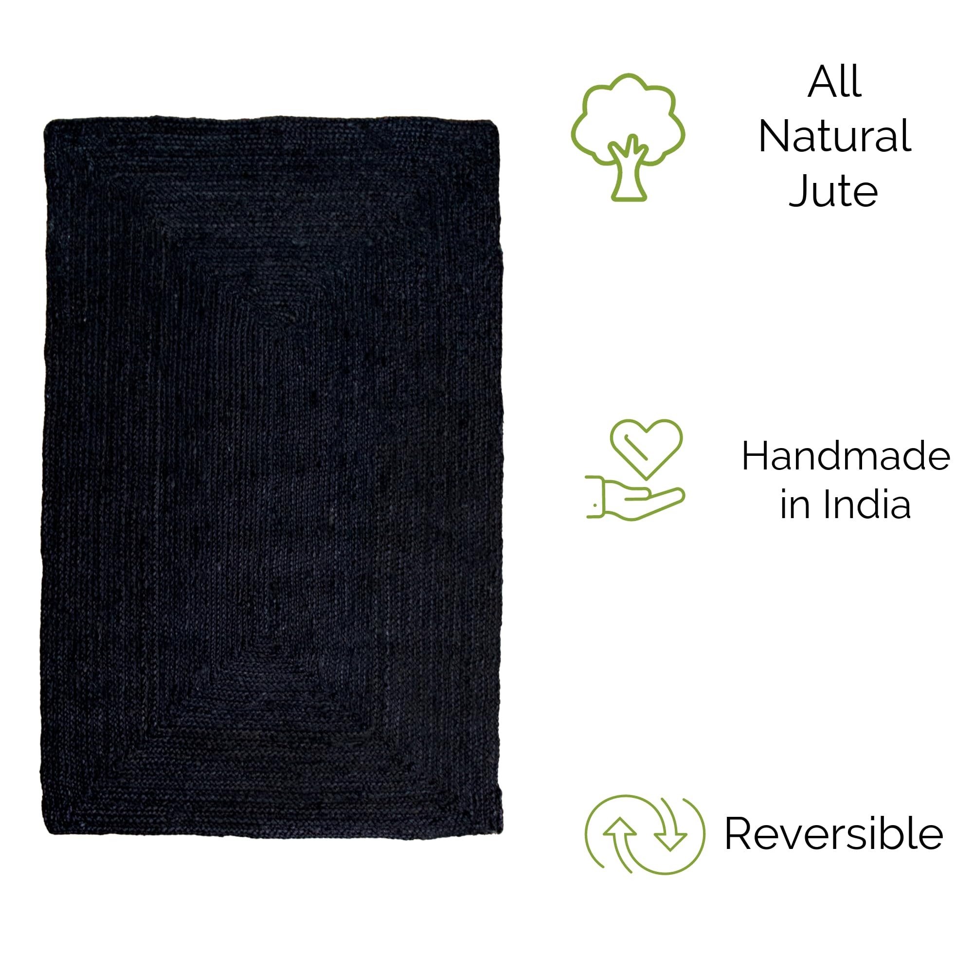 Handwoven Jute Braided Area Rug - Reversible Natural Fiber Farmhouse Rug - Eco-Friendly Living Room, Kitchen & Entryway Decor - Black Rectangle 2'x3' - Perfect for Boho, Rustic & Coastal Home Styles