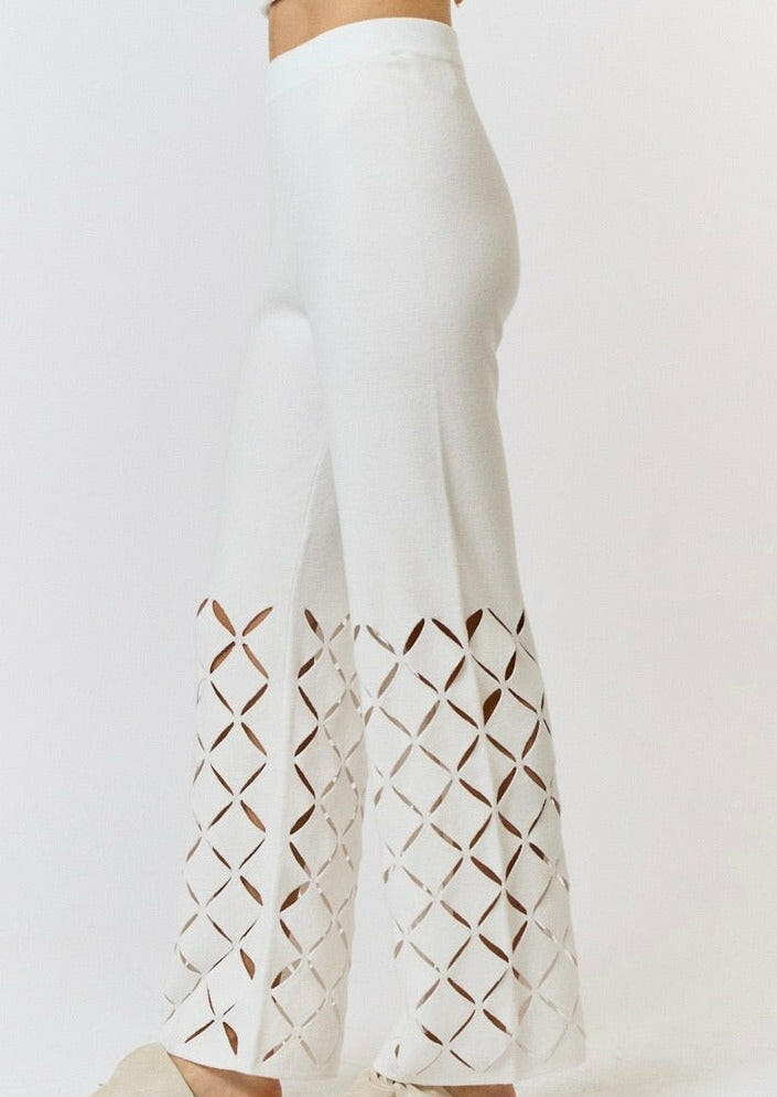 Cut Out Detail Sweater Pants in Off White - Women's Cozy Knit Lounge Pants for Home, Yoga, and Casual Wear