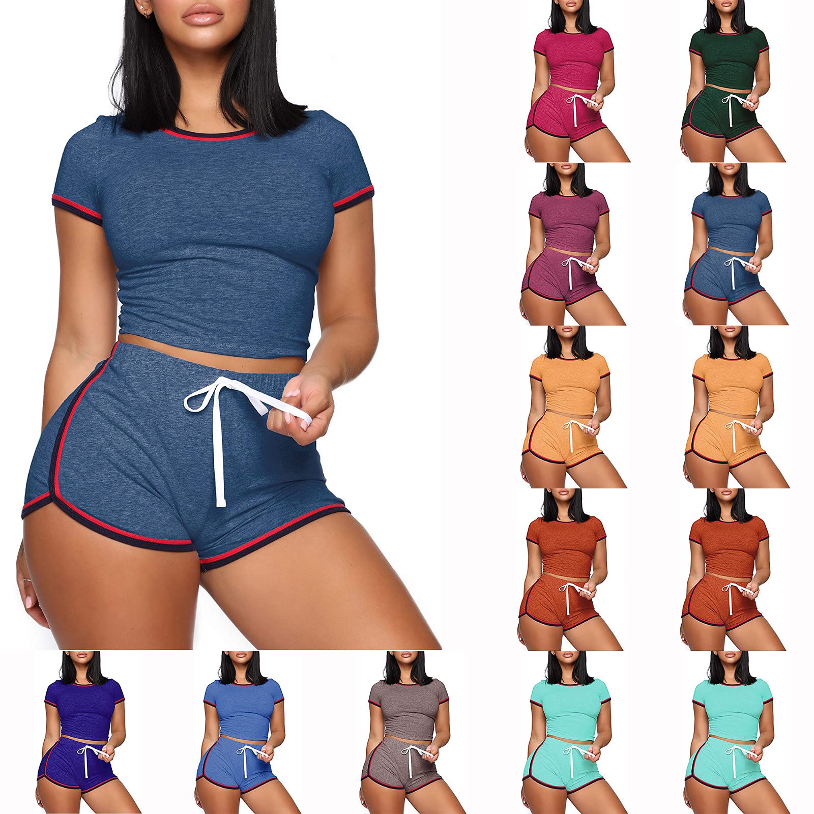 Women's 2-Piece Workout Set - Solid Color Bodycon Shorts & Sports Shirt - Summer Jogger Tracksuit for Gym, Running & Casual Wear
