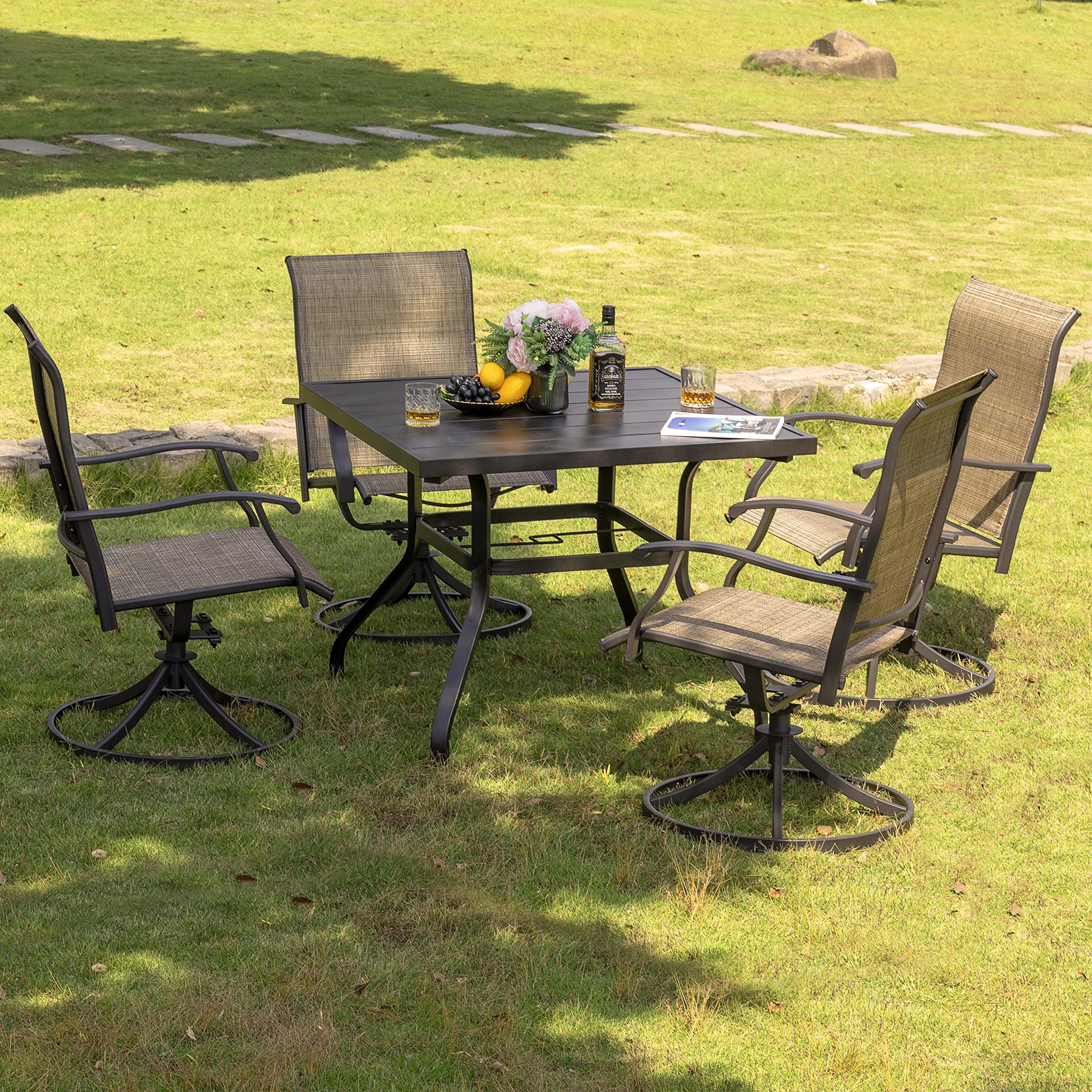 NUU GARDEN 5-Piece Outdoor Dining Set - Black & Brown Iron Patio Furniture with 1.57