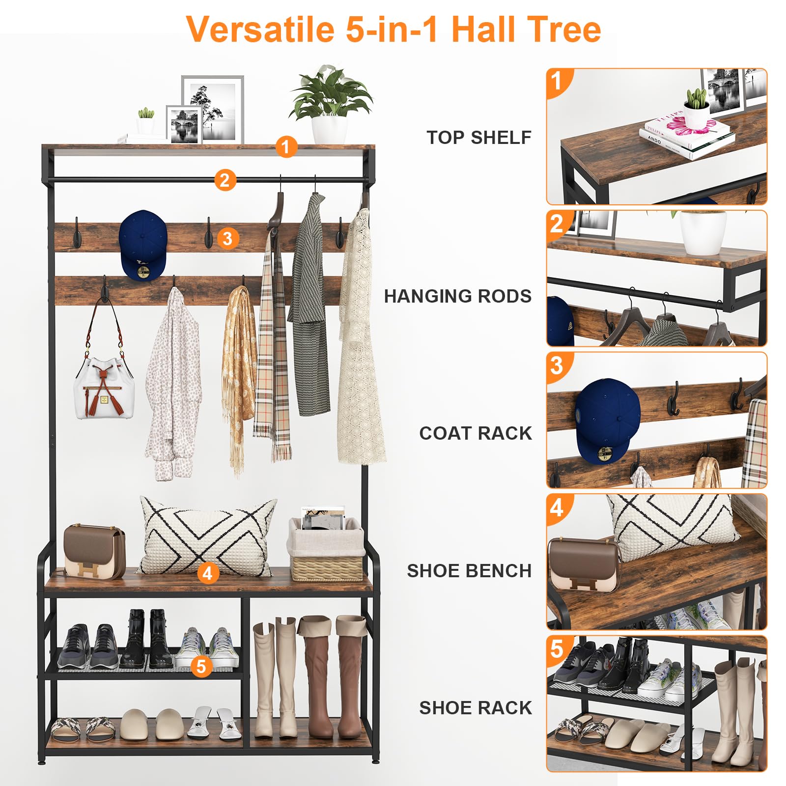 Industrial Hall Tree Coat Rack with 9 Hooks & Storage - Rustic Brown Entryway Organizer for Shoes, Coats & Accessories - Perfect for Mudroom, Foyer or Small Space Entryway Organization