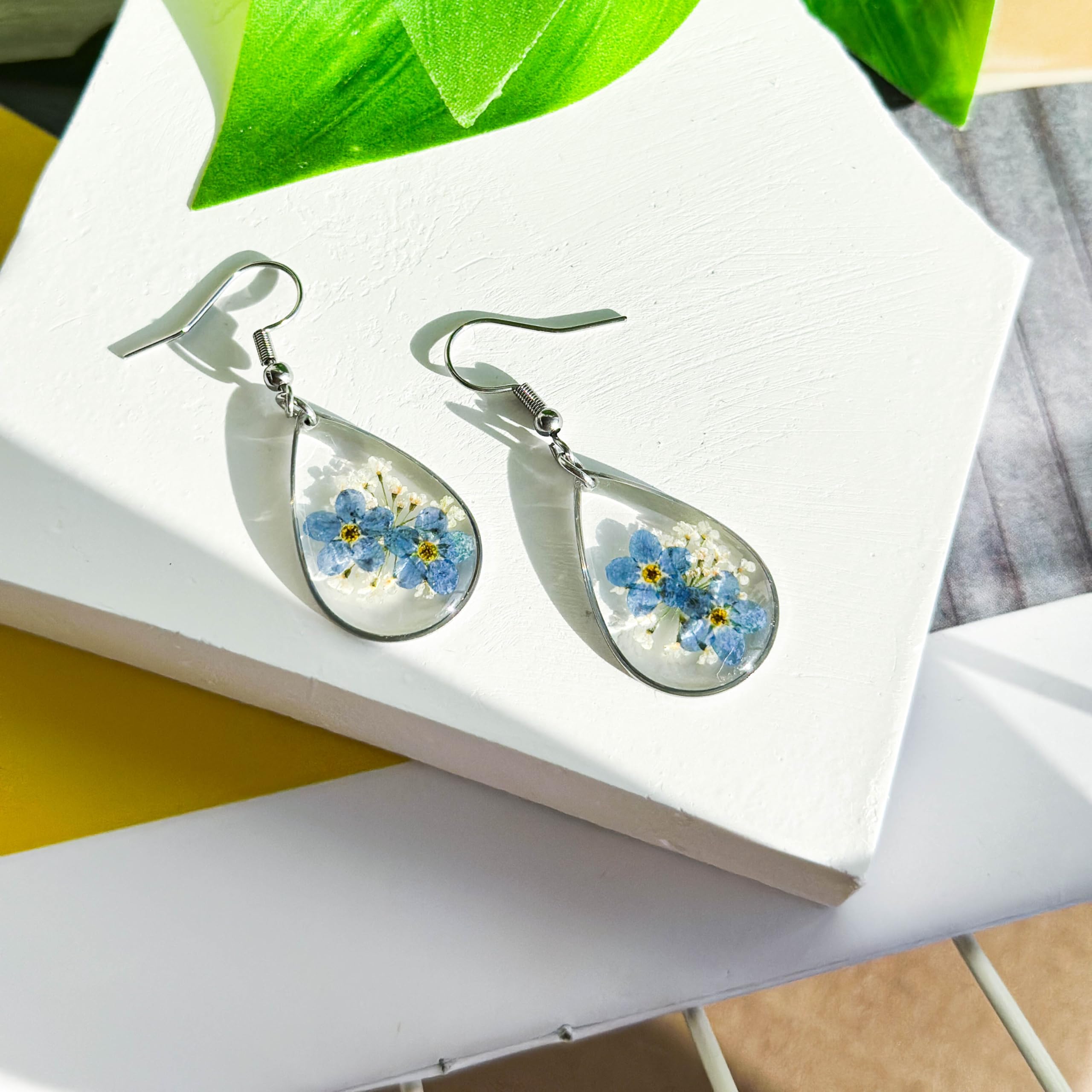 Pressed Forget Me Not Handmade Earrings - Real Flower Dried Resin Jewelry for Women, Silver Teardrop Earrings, Unique Birthday Gift for Her - Perfect for Weddings, Anniversaries & Special Occasions