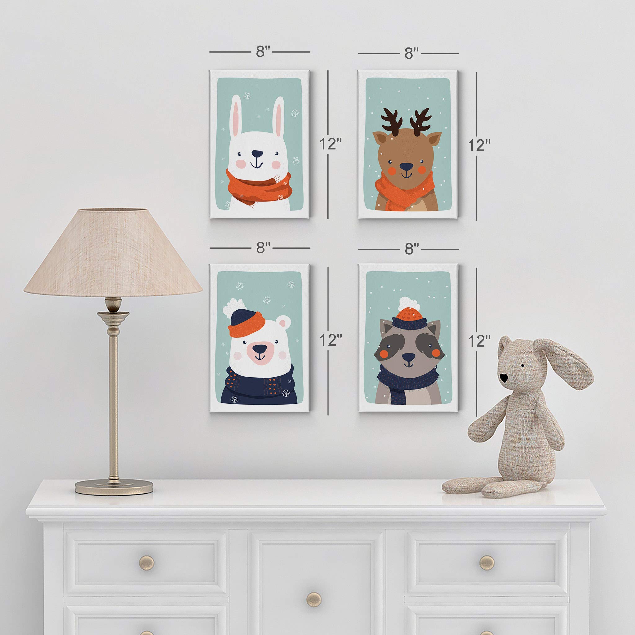 4-Piece Cute Animal Canvas Wall Art Set - Rabbit Deer Bear Raccoon Winter Theme Turquoise Background Kids Room Decor (36x24 inches) | Nursery, Playroom, Bedroom Wall Hanging Art | Made in USA