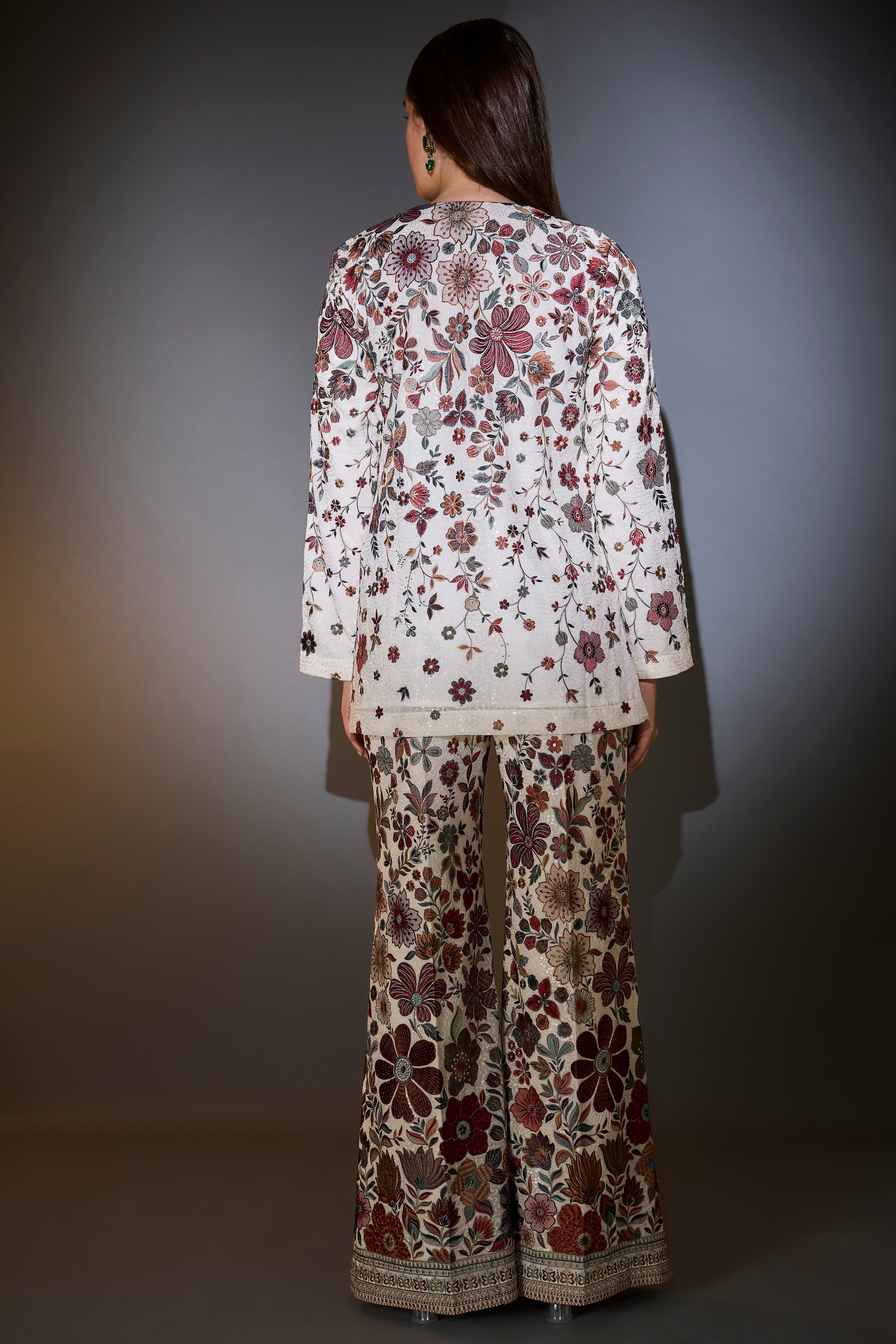 Ivory Co Ord Set with Heavy Multi Thread Floral Embroidery, Sprinkle & Sequin Work - Elegant Matching Outfit for Parties, Weddings & Special Occasions