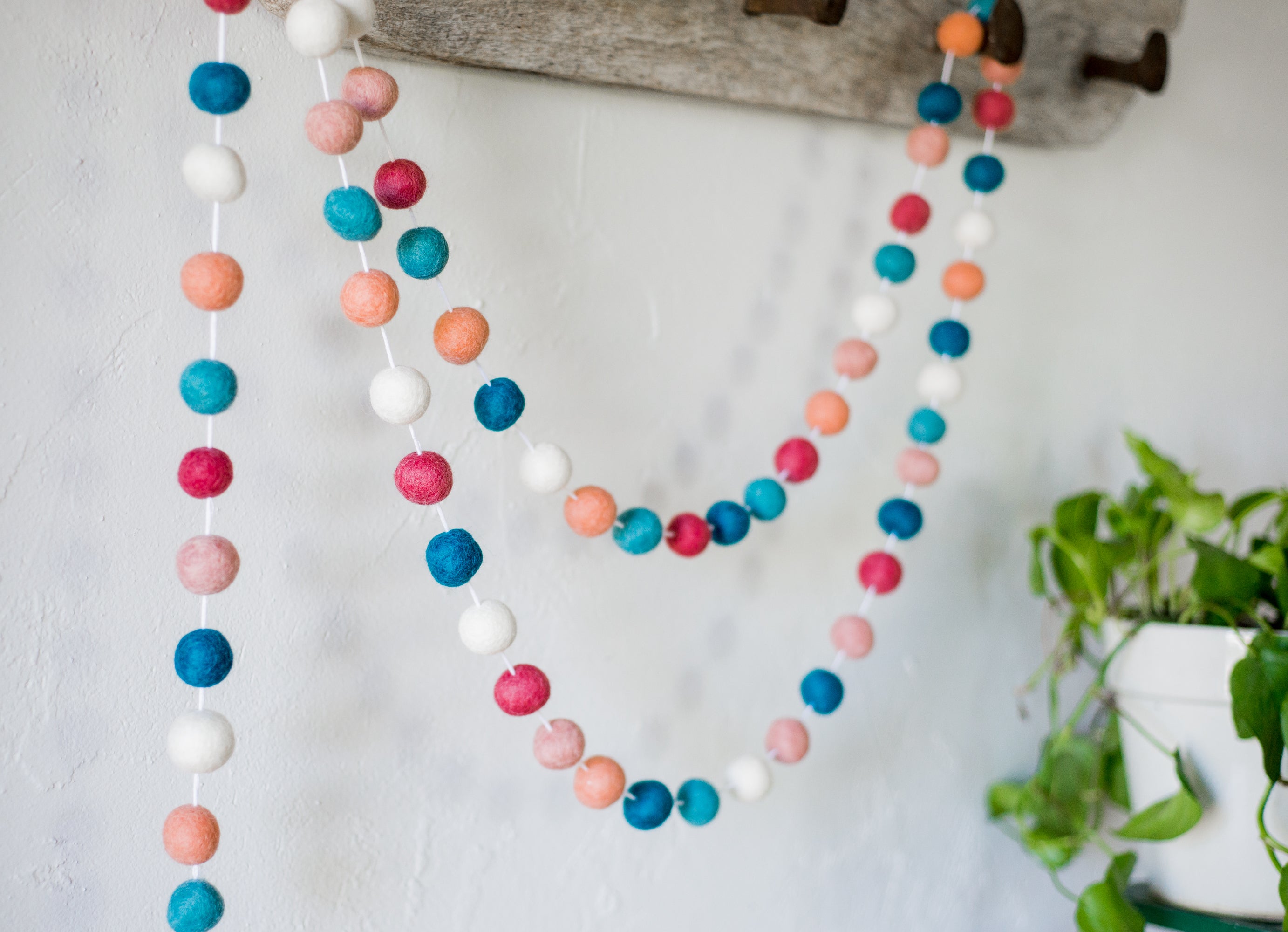 Dark Coral & Blue Felt Ball Garland - Handmade Decorative String for Parties, Weddings, Nursery & Home Decor