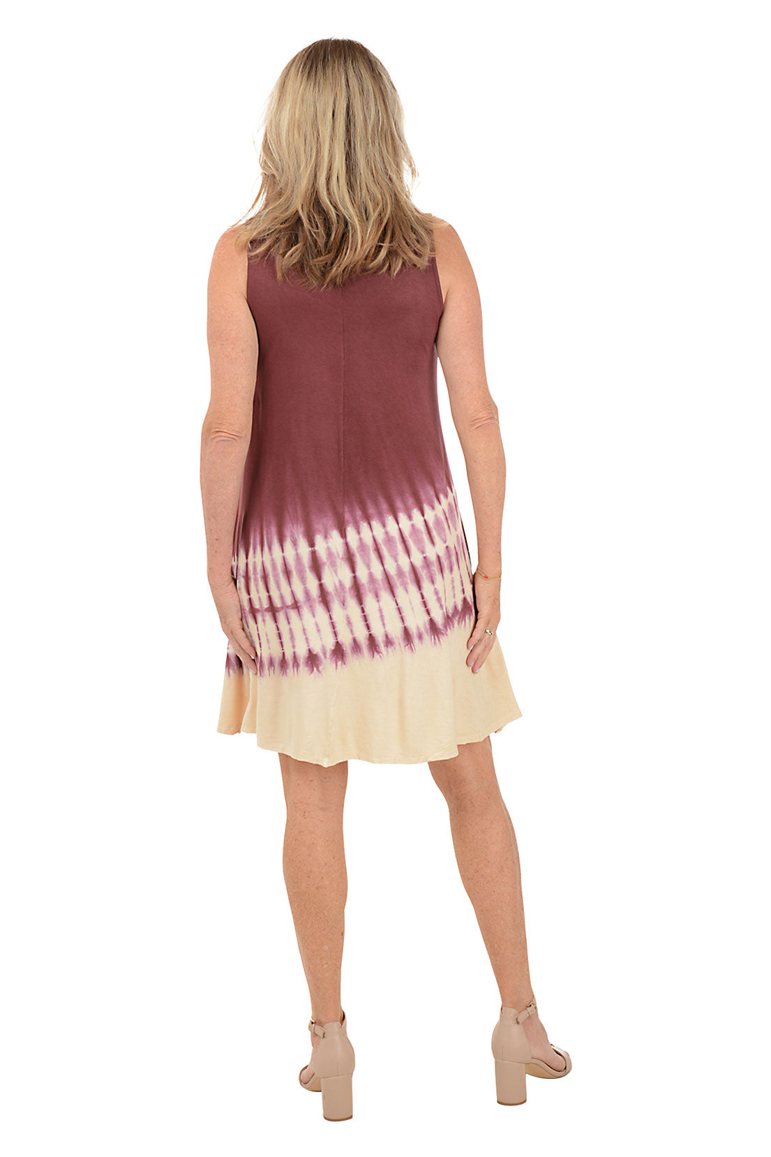 Burgundy Diagonal Tie Dye Sleeveless Dress for Women - Summer Beach Party & Casual Outfit - Flowy Boho Maxi Dress for Vacation, Date Night & Outdoor Events