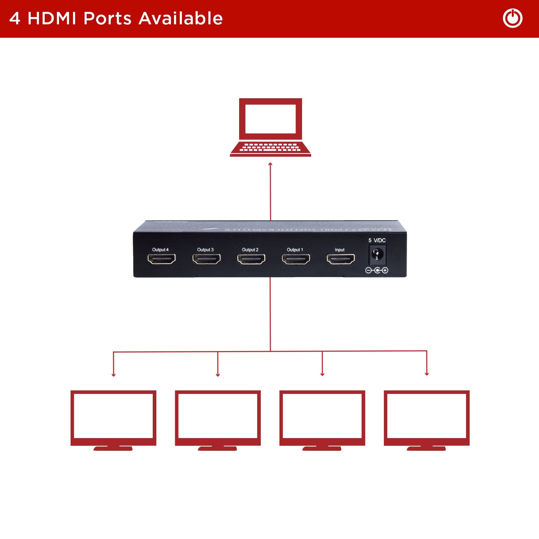Duronic HS14 4-Way HDMI Splitter Box - 1 Input 4 Output, Full HD 1080p 3D Supported - Connect 1 HD Source to 4 TVs Simultaneously | Perfect for Home Theater, Gaming, and Multi-Screen Presentations