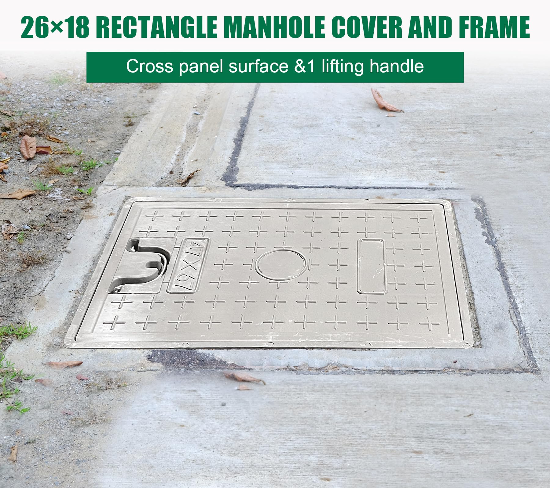 Fiberglass Septic Tank Cover and Frame 26x18 Inch - Heavy Duty Rectangle Manhole Cover with 22x14 Inch Clear Opening, 24x16 Inch Solid Top - Recessed Sewer Cover with Handle for Yard, Pavement, and Outdoor Drainage Systems - Perfect for Residential and Commercial Landscaping Projects