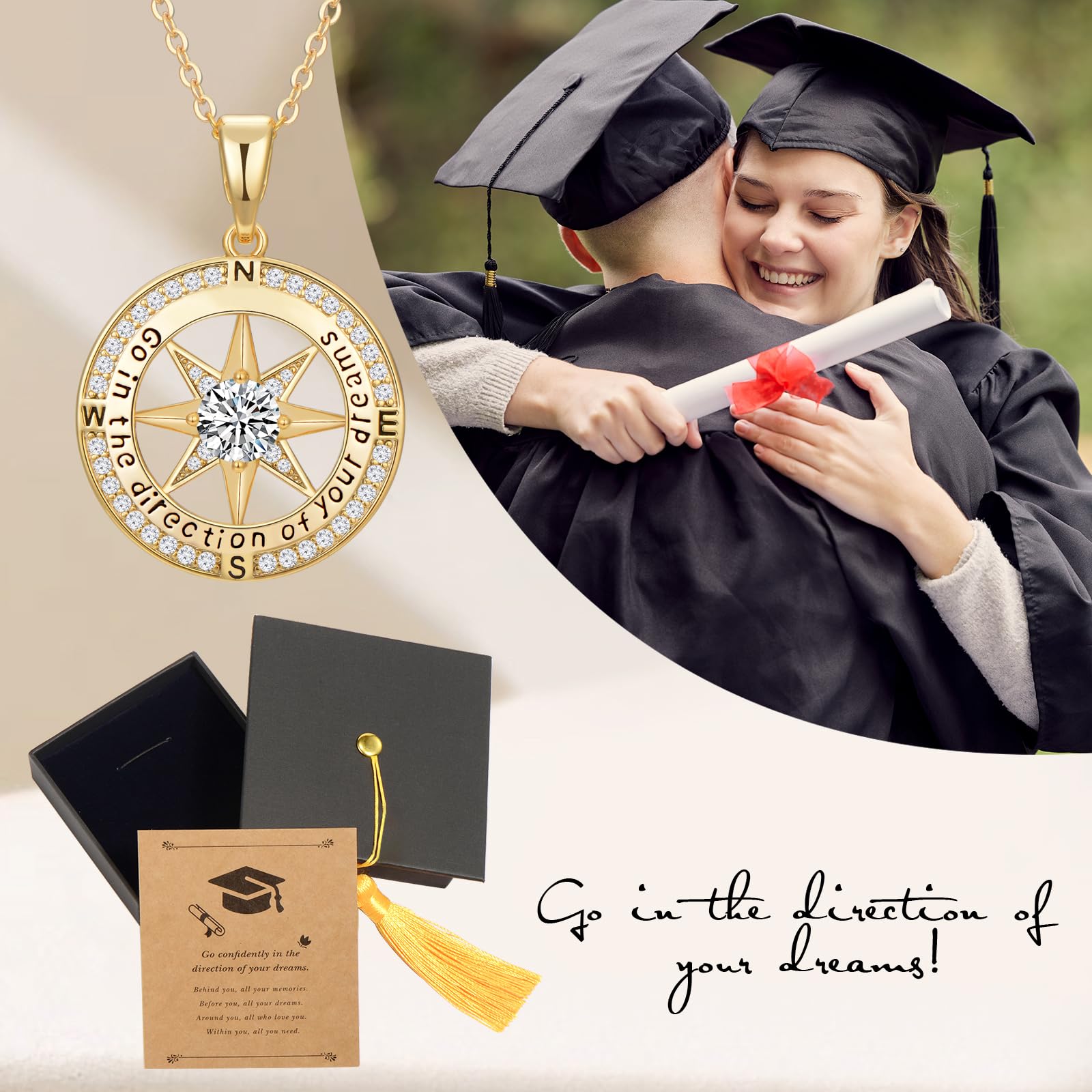 Inspirational Graduation Compass Necklace for Women - 18K Gold Filled 925 Sterling Silver Jewelry Gift for High School & College Graduates - Perfect Graduation Gift for Her, Friends & Daughters - Ideal for Commencement Ceremonies, Graduation Parties & Celebratory Occasions