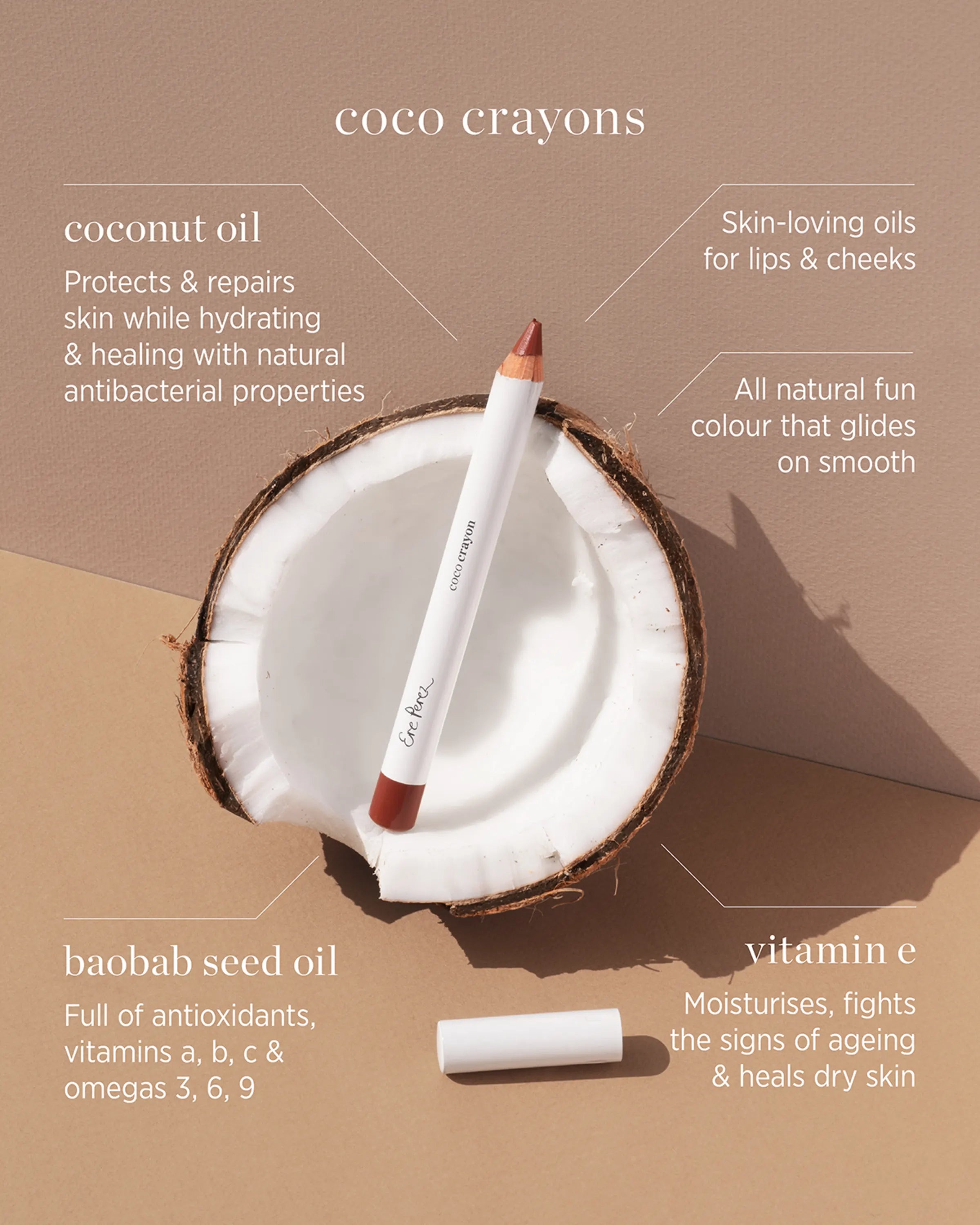 ERE PEREZ Natural Coco Crayon - Vegan & Organic Lipstick for Women, Long-Lasting Moisturizing Lip Color, Perfect for Daily Wear & Special Occasions