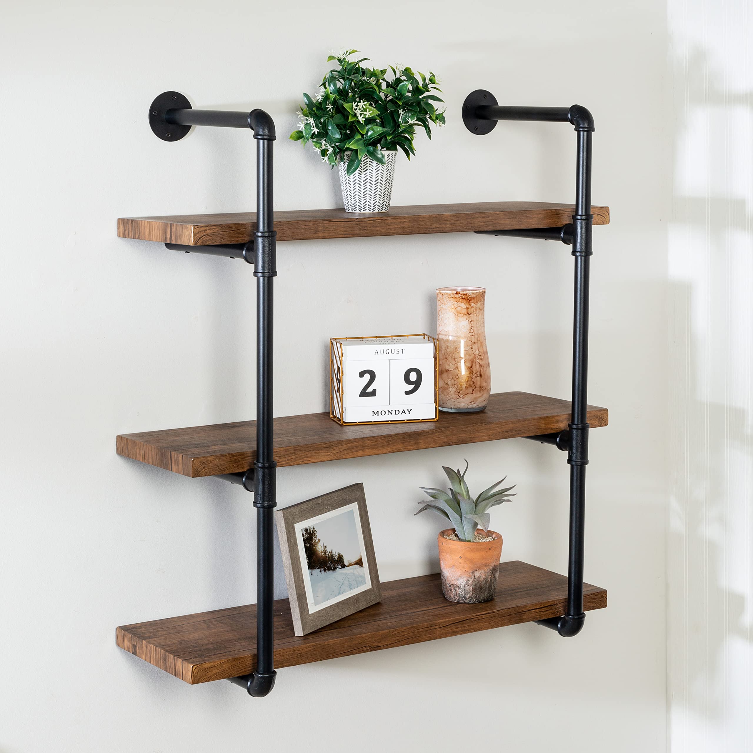 3-Tier Black Industrial Wall Shelf - Heavy Duty Rustic Metal Shelving for Home & Office Storage | SHF-08844 | Perfect for Kitchen, Garage, Bathroom Organization