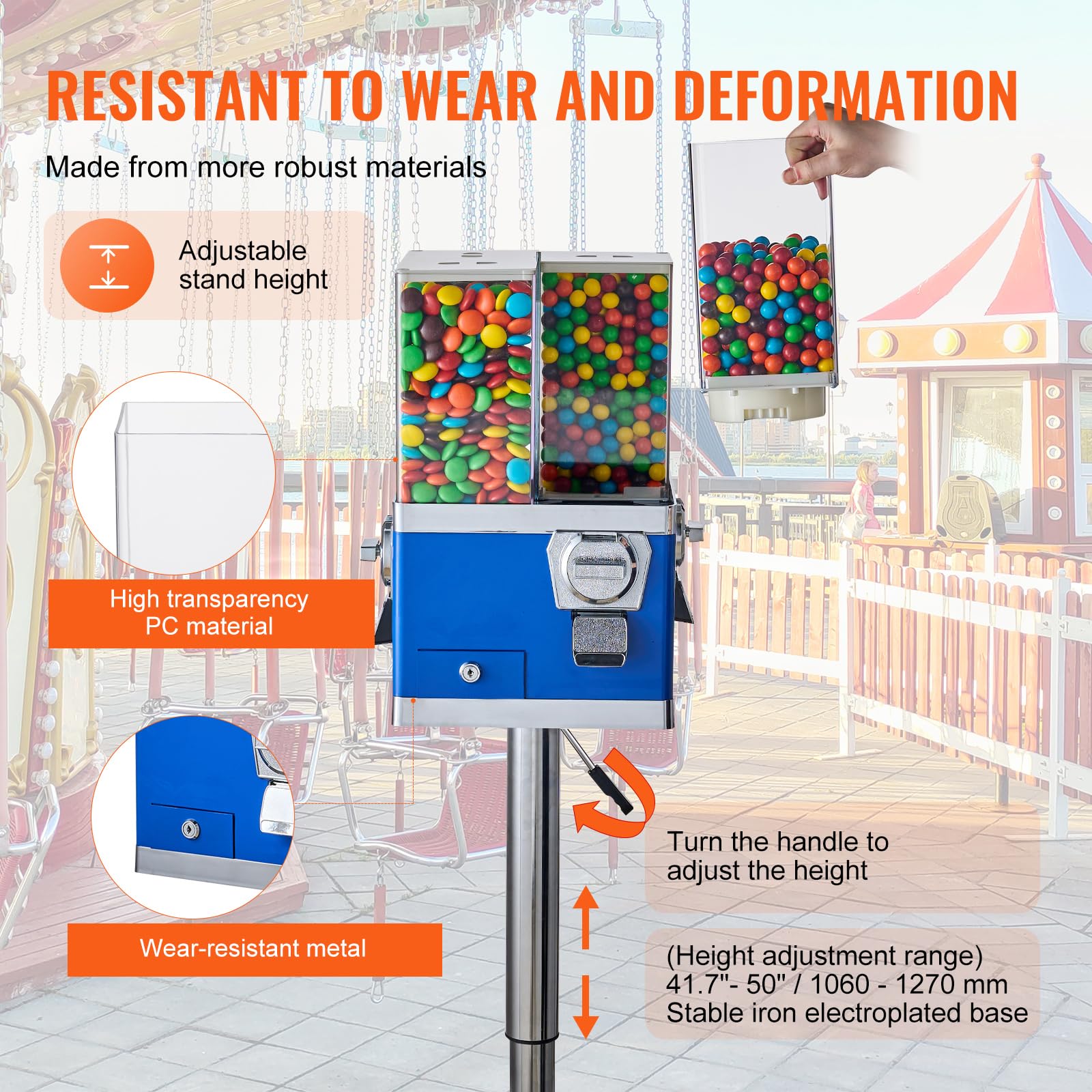 VEVOR Commercial Vending Machine - 4 Compartment Rotatable Gumball & Candy Dispenser with Adjustable Height & Iron Stand | Coin Operated for Gumballs, Candy, Toy Capsules, Bouncy Balls, Nuts | Perfect for Retail Stores, Arcades, Restaurants & Business Use (Blue)