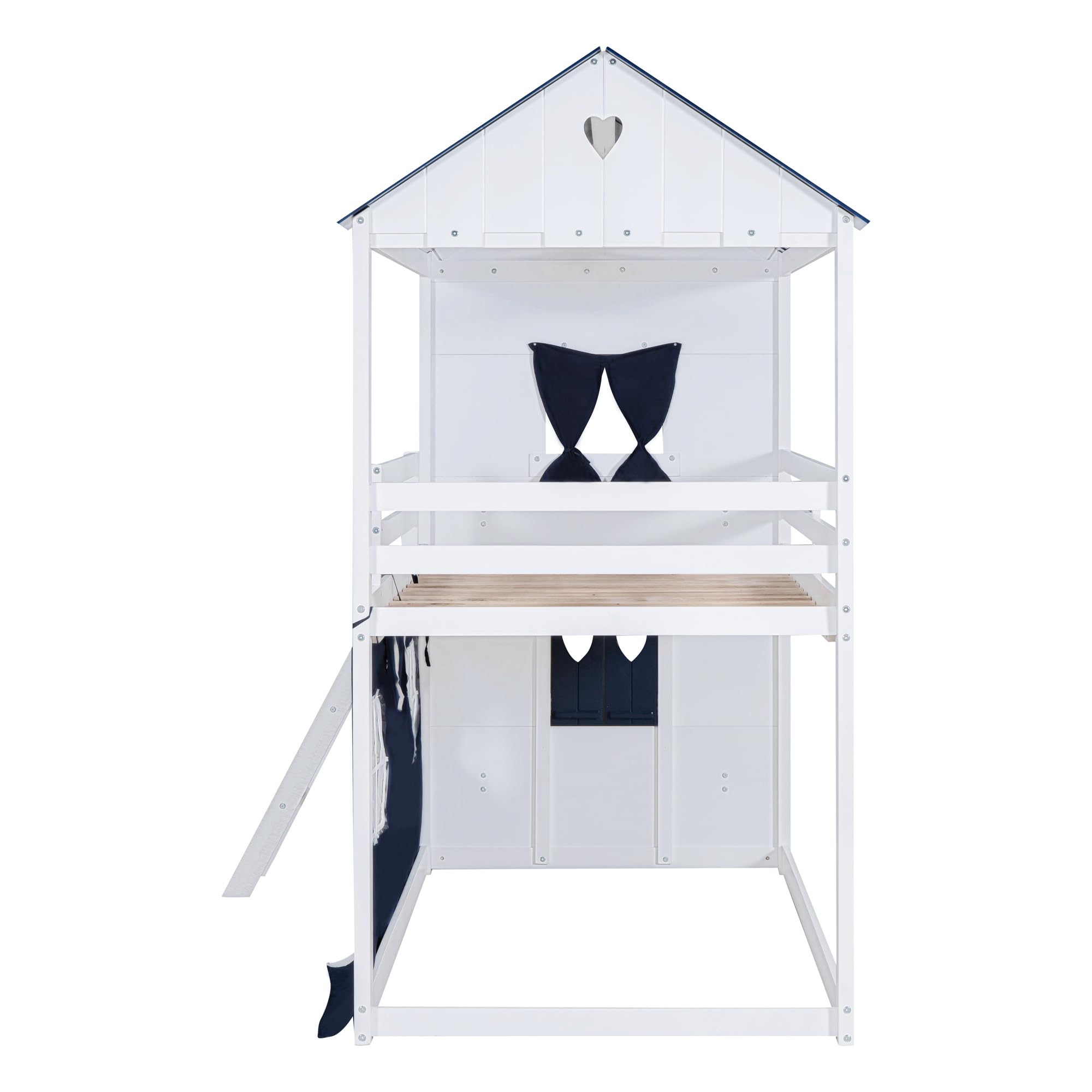 Harper & Bright Designs Twin Over Twin Wooden Bunk Bed with Elegant Windows, Sills & Tent - Blue & White House Bed for Kids' Room, Sleepovers & Space-Saving Bedroom Solutions
