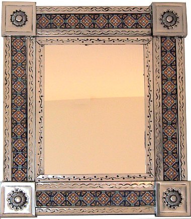 Handmade Medium Silver Granada Tile Mexican Wall Mirror - Vintage Boho Decor for Bathroom, Bedroom, or Entryway