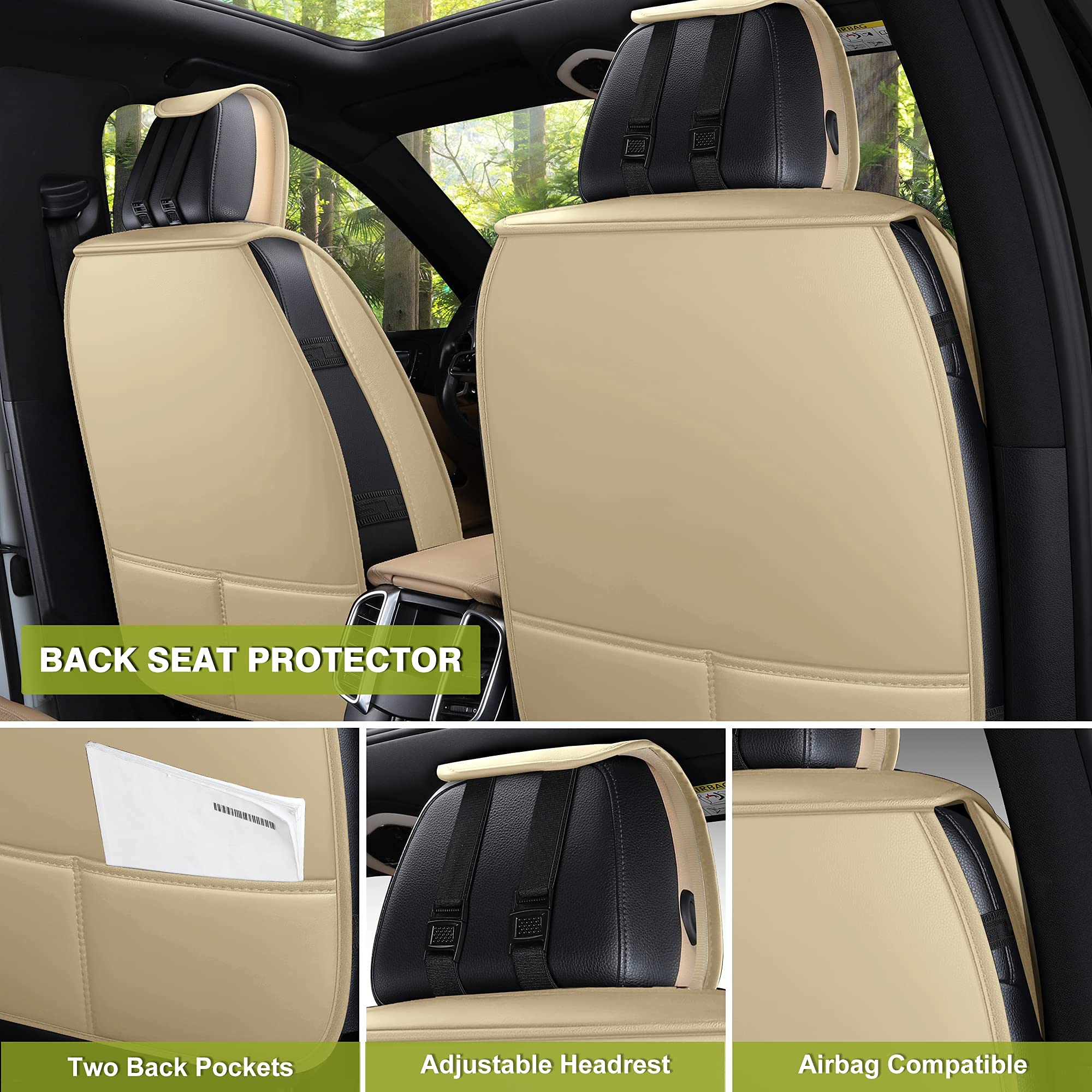 Premium AOOG Leather Car Seat Covers - Universal Fit Leatherette Seat Protectors for Cars, SUVs & Trucks | Non-Slip Auto Interior Accessories (Full Set, Beige) | Perfect for Road Trips, Commuting & Family Protection