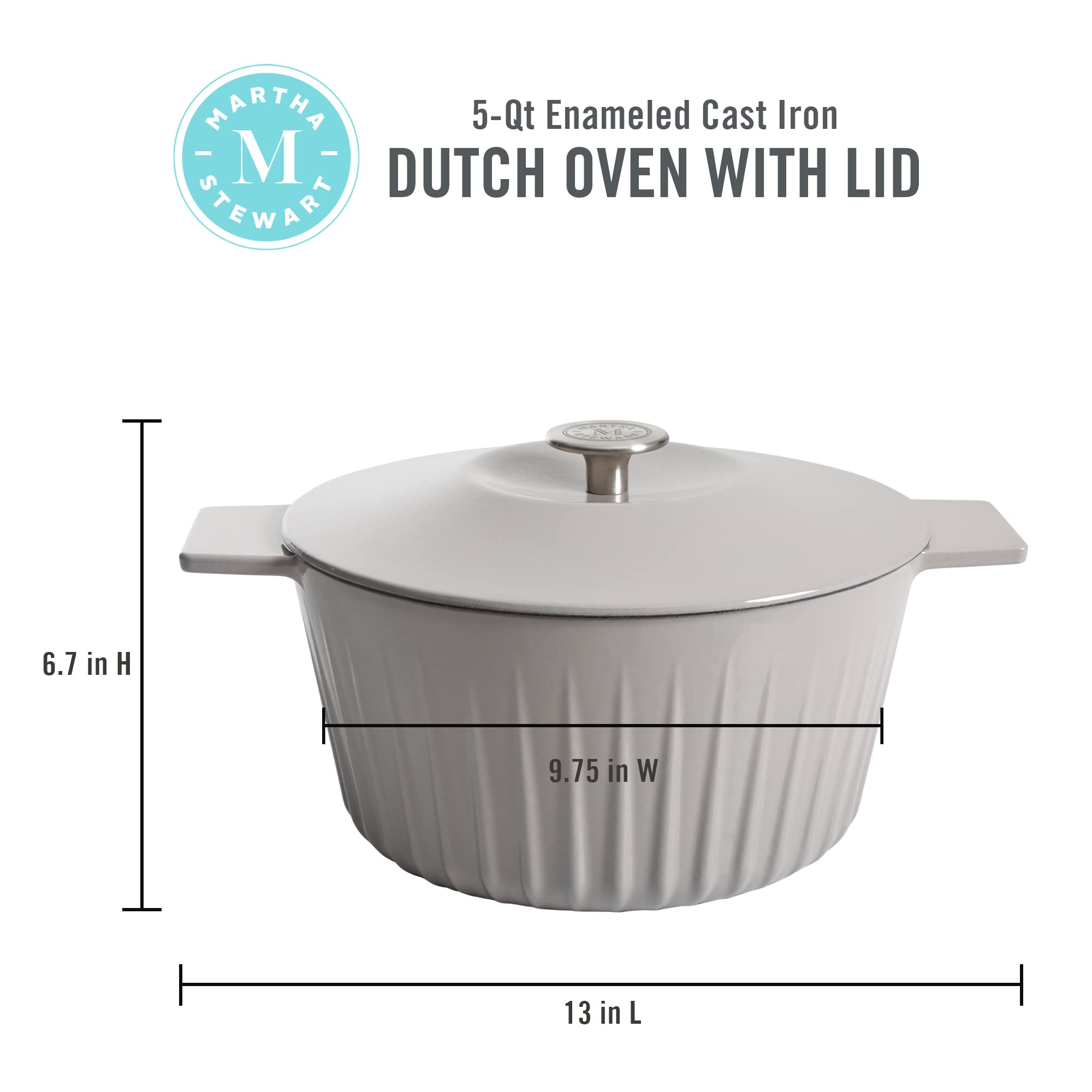 Martha Stewart Eastholm 5 Quart Enameled Cast Iron Dutch Oven - Grey | Heavy Duty Cookware for Baking, Stewing & Slow Cooking | Perfect for Soups, Casseroles & Bread Making