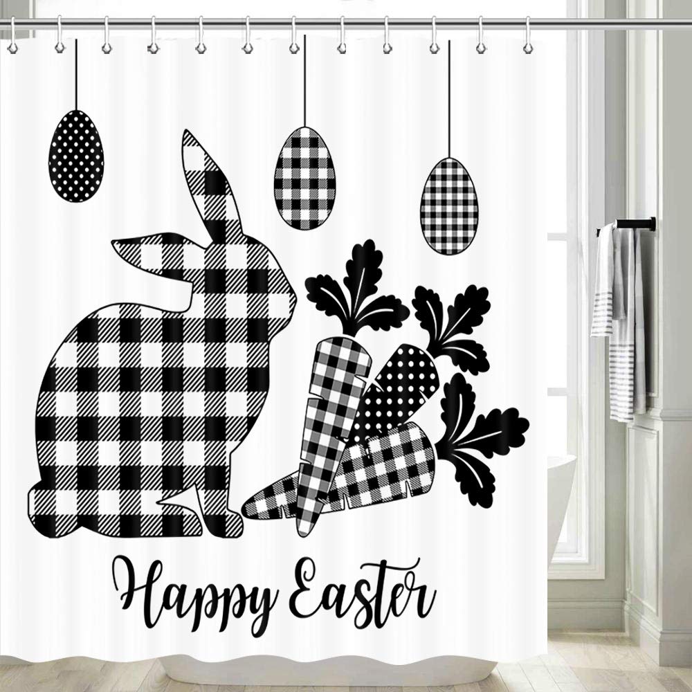 JAWO Happy Easter Shower Curtain - Cute Bunny with Easter Eggs Buffalo Plaid Bathroom Decor, Black & White Fabric Shower Curtain with Hooks Set (69x70 Inch) - Perfect for Spring Bathroom Refresh & Easter Holiday Decorations
