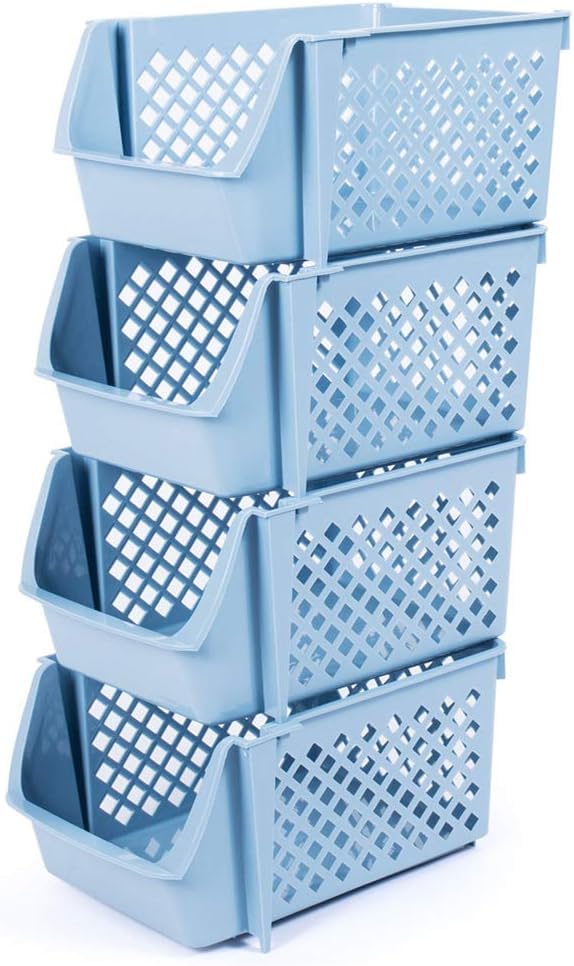 4-Piece Stackable Plastic Storage Baskets - Organizer Bin for Food, Snacks, Toys & Toiletries - Space-Saving Home & Kitchen Organization Solution (Blue) - Perfect for Pantry, Bathroom, Kids Room & Office Use