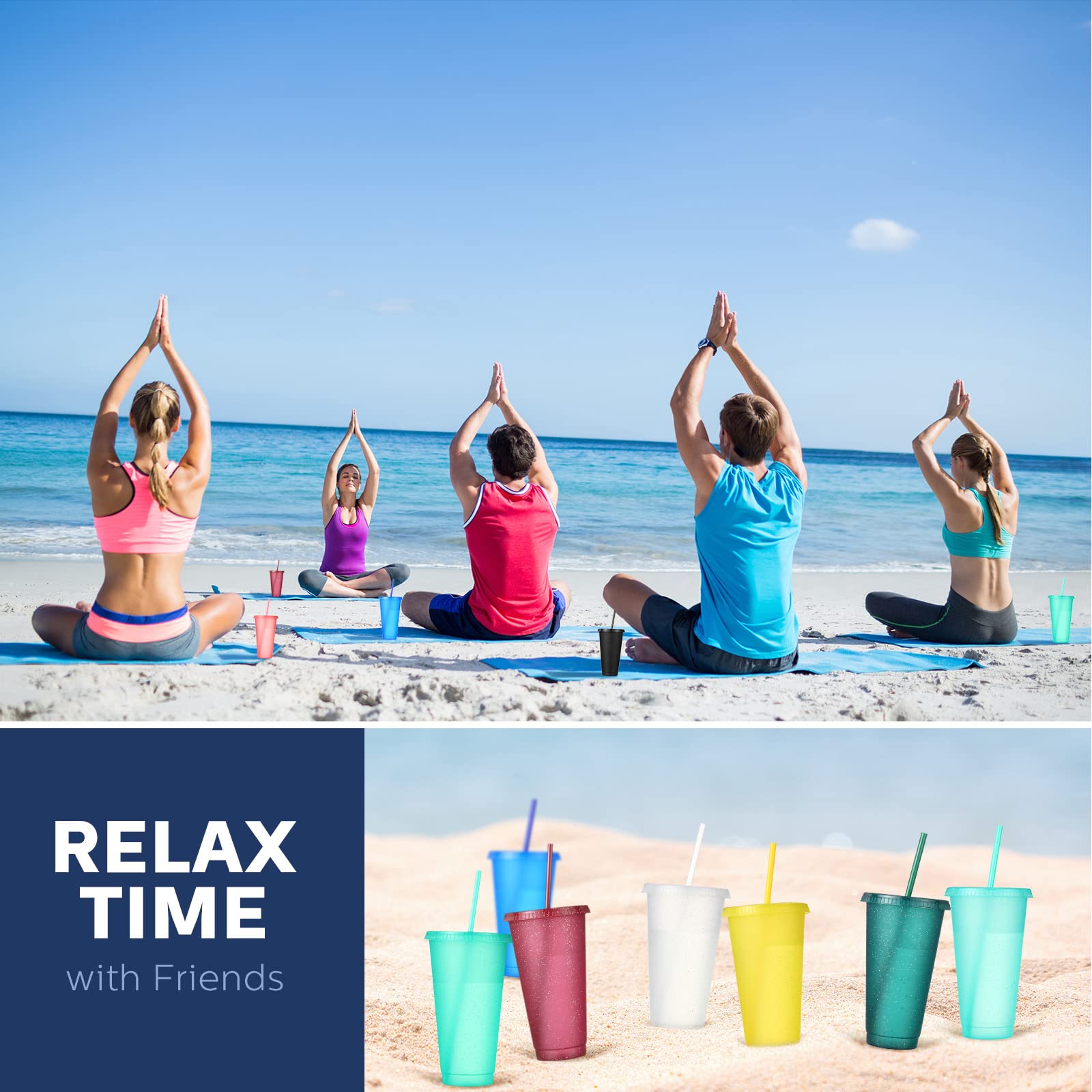 18-Pack 24oz Reusable Plastic Tumbler Cups with Lids & Straws - Glitter Vivid Color Travel Mugs for Iced Coffee, Water & Beverages - Perfect for Office, Gym, Beach & Outdoor Activities