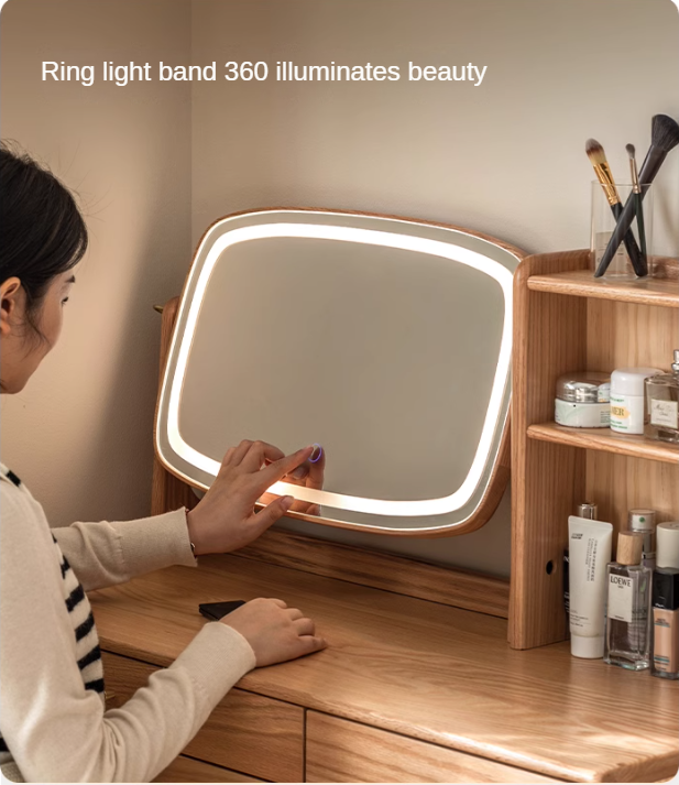 Solid Oak & Ash Wood Dressing Table with LED Lighted Makeup Mirror - Perfect for Bedroom Vanity, Makeup Application & Home Decor