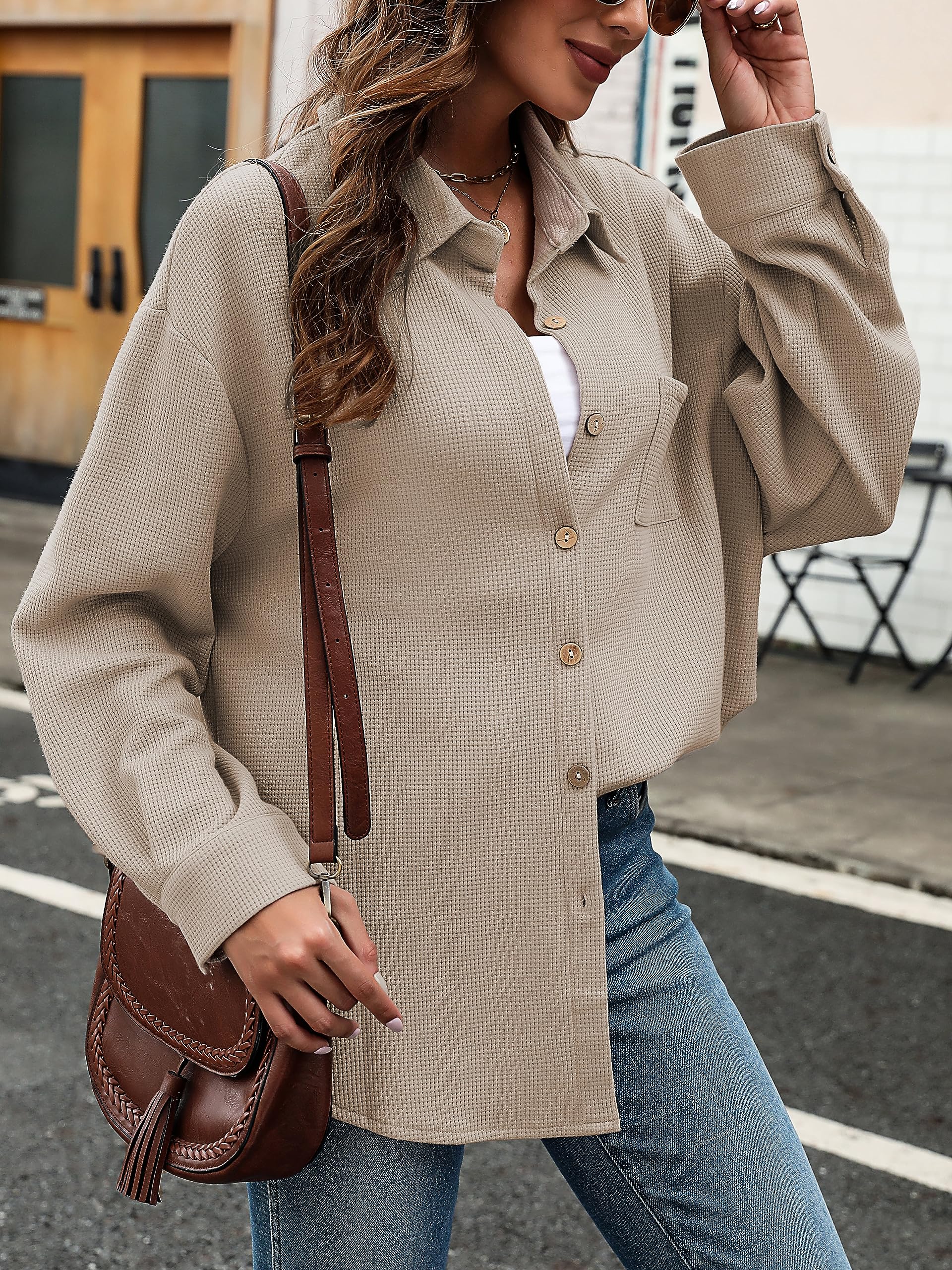 KYLELOVE Women's Oversized Waffle Knit Shacket - Long Sleeve Button Down Casual Jacket with Pockets | Perfect for Fall Layering, Workwear & Weekend Outfits