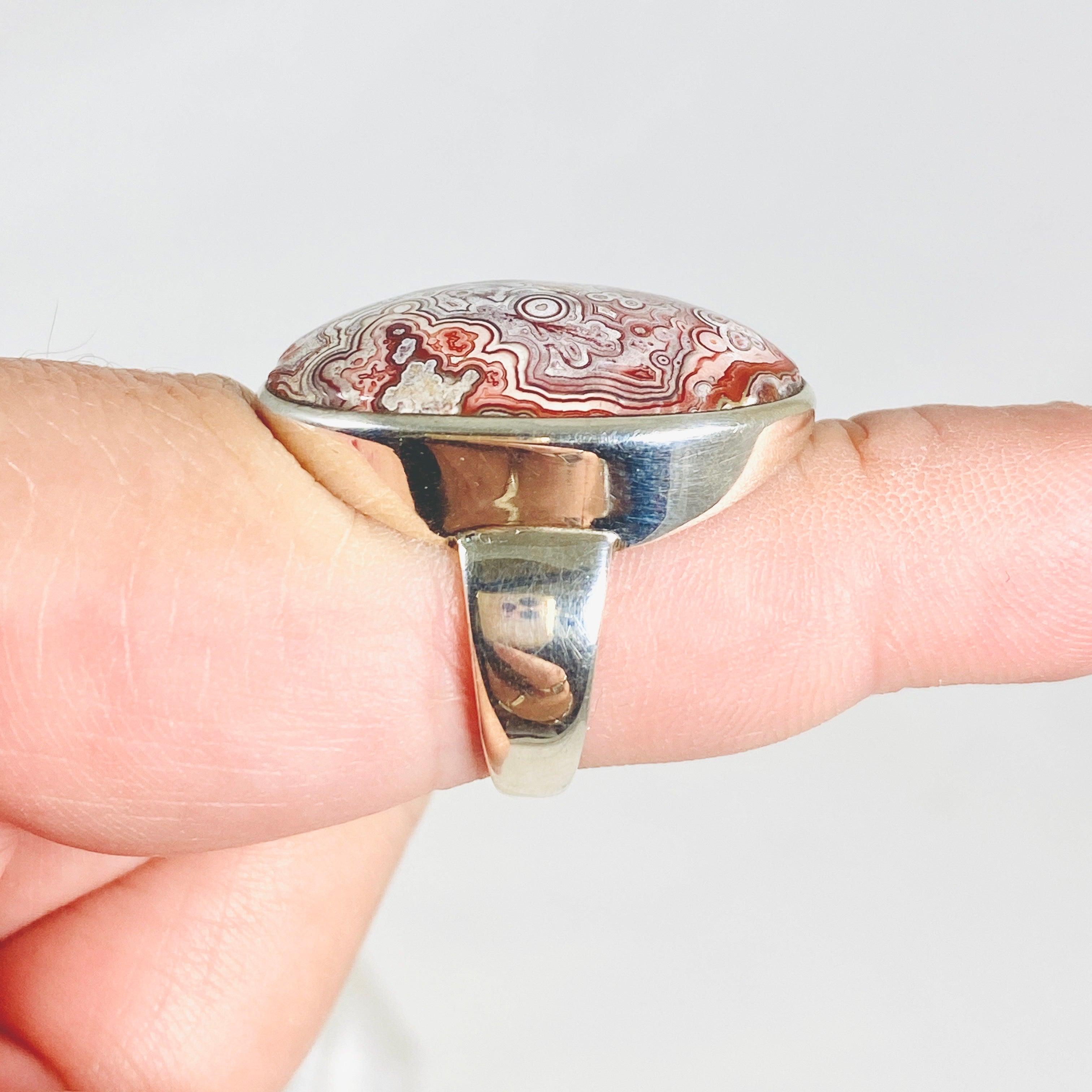 Crazy Lace Agate Oval Ring - Size 8.5 Sterling Silver Jewelry PRGJ289 | Elegant Gift for Women, Birthday & Anniversary Present