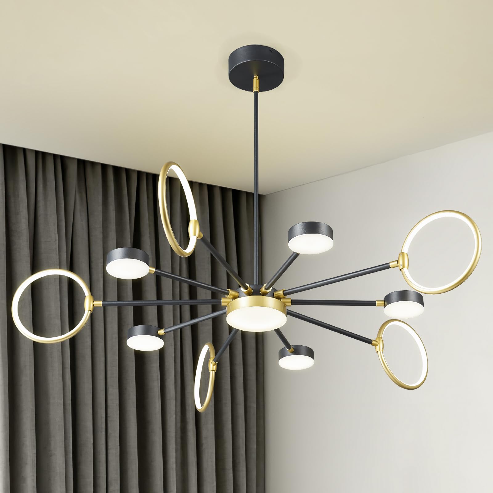 Modern Black & Gold LED Sputnik Chandelier - 11-Light Farmhouse Pendant Lighting Fixture for Dining Room, Bedroom, Living Room & Kitchen | Energy Efficient Dimmable Ceiling Light for Home Decor
