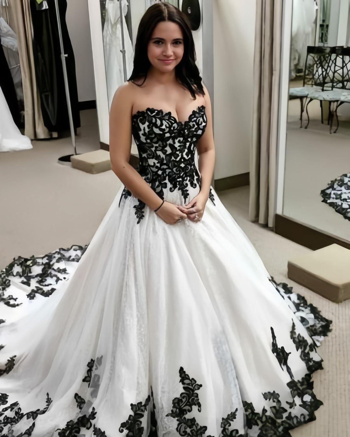 Gothic Black Lace Wedding Dress for Bride - Strapless Tulle Bridal Gown with Long Train, Sweetheart Neckline | Perfect for Gothic, Victorian, and Dark Romance Weddings, Halloween Costume, or Gothic Photo Shoots