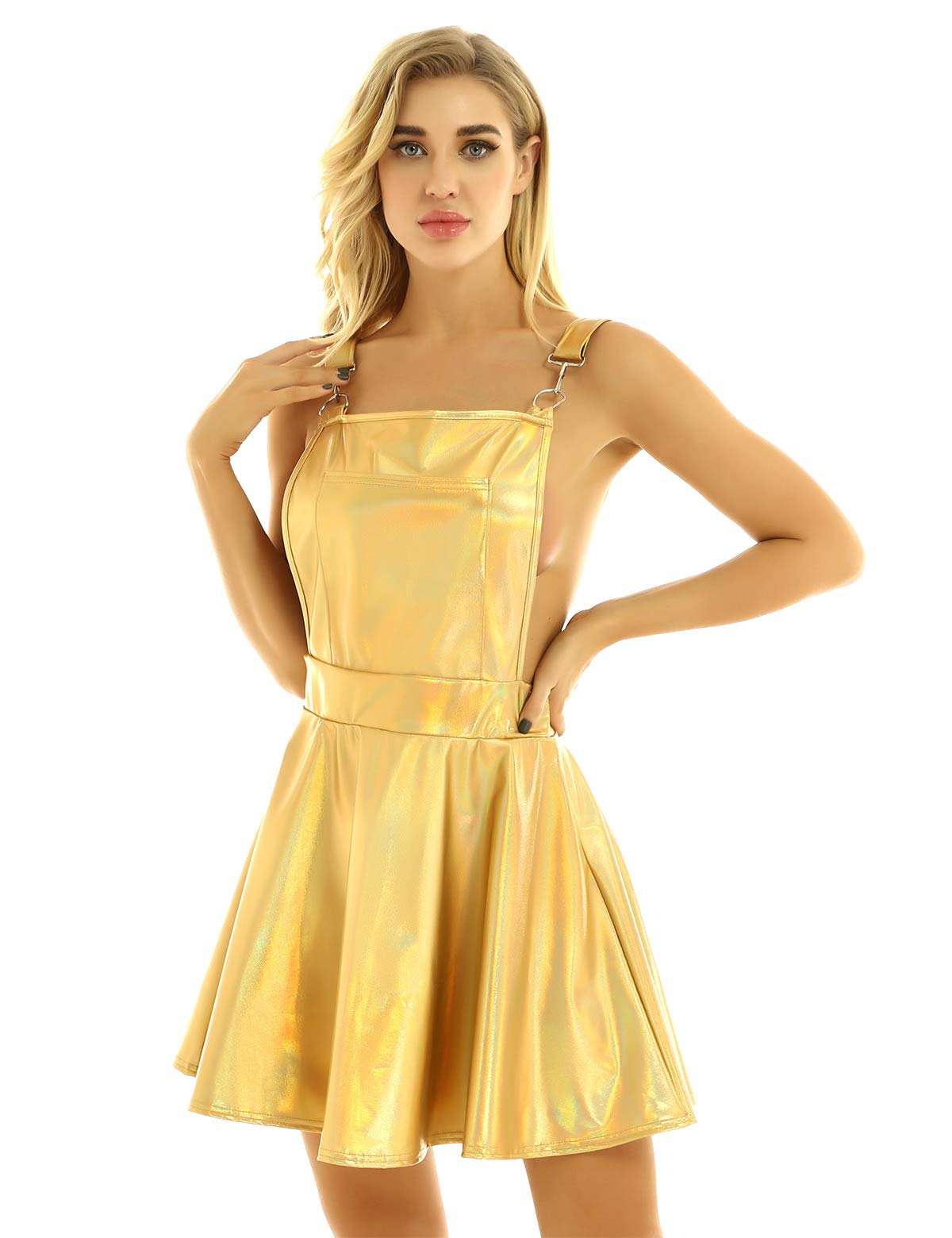 Women's Metallic Hologram Shiny Bib Overall Pleated Mini Suspender Skirt Rave Pinafore Dress - Party Outfit for Rave, Festival, Cosplay & Nightclub Wear
